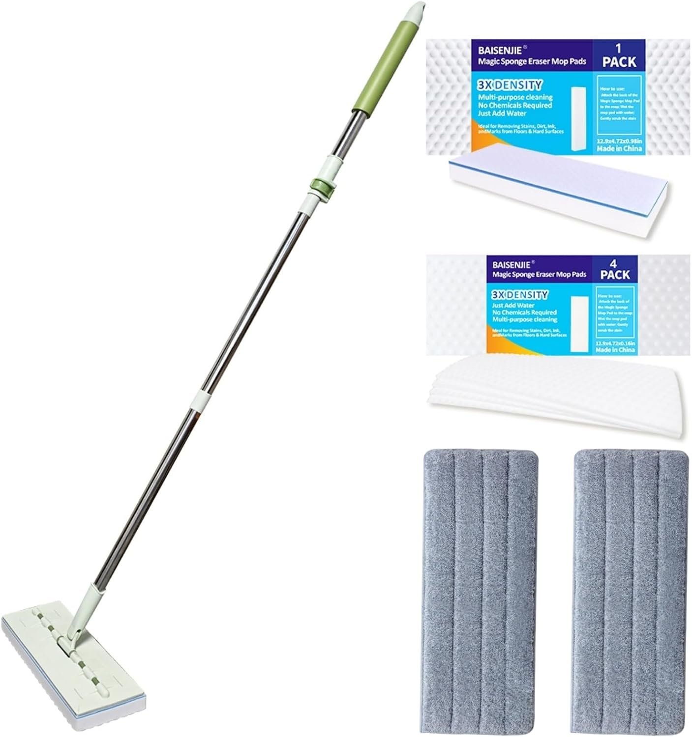 Magic Sponge Eraser Mop, 60″ Adjustable Mop Handle with Flexible 13″ Flat Head with Microfiber Pad and Magic Sponge Eraser Pads