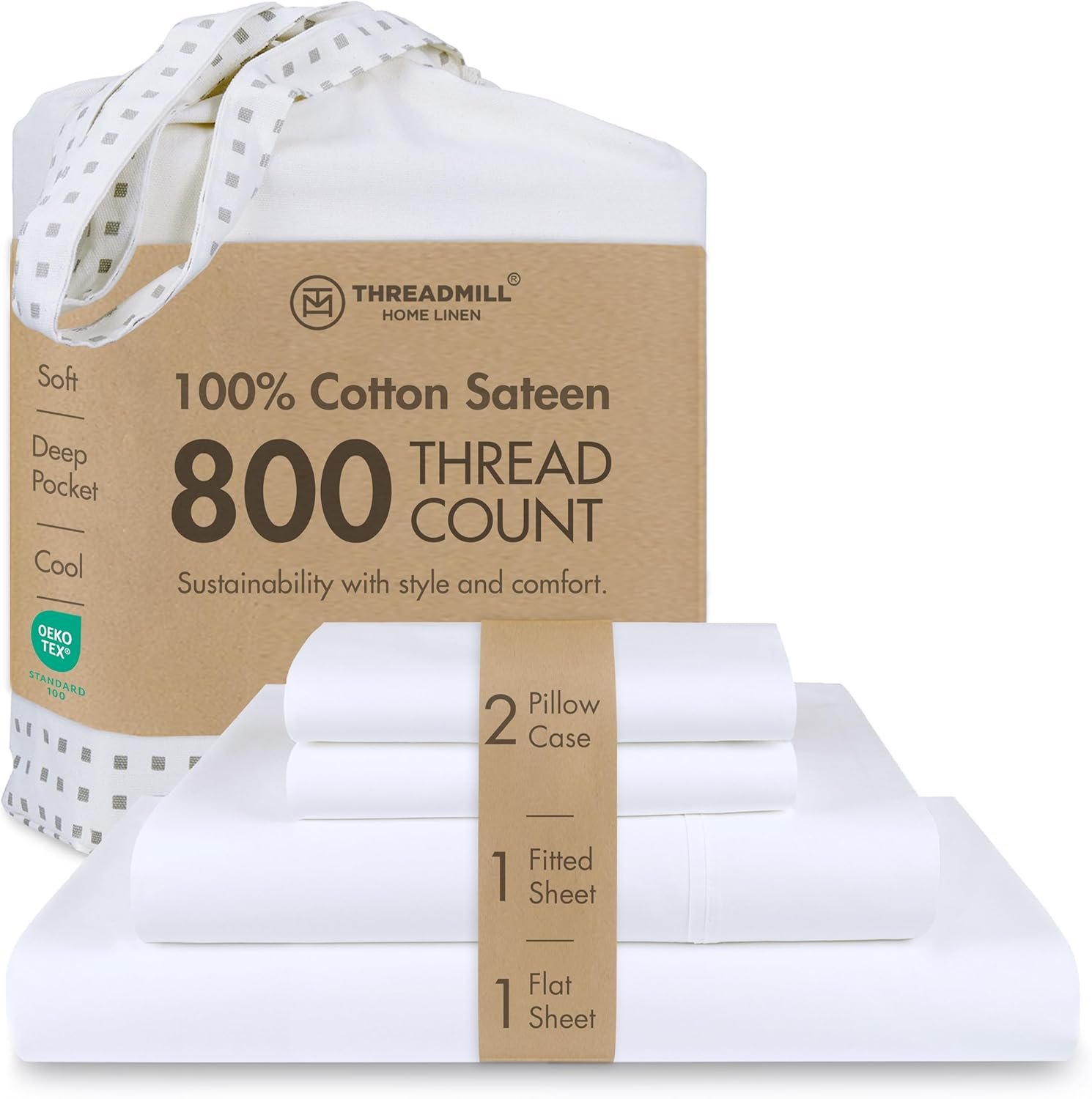 Threadmill Luxury 800 Thread Count King 100% Cotton Sheets – Hotel White Sateen Weave Bed-Sheets, Better Than Egyptian Cotton, 4 Pc Solid Soft Bed Set, Fits 16″ Deep Pocket
