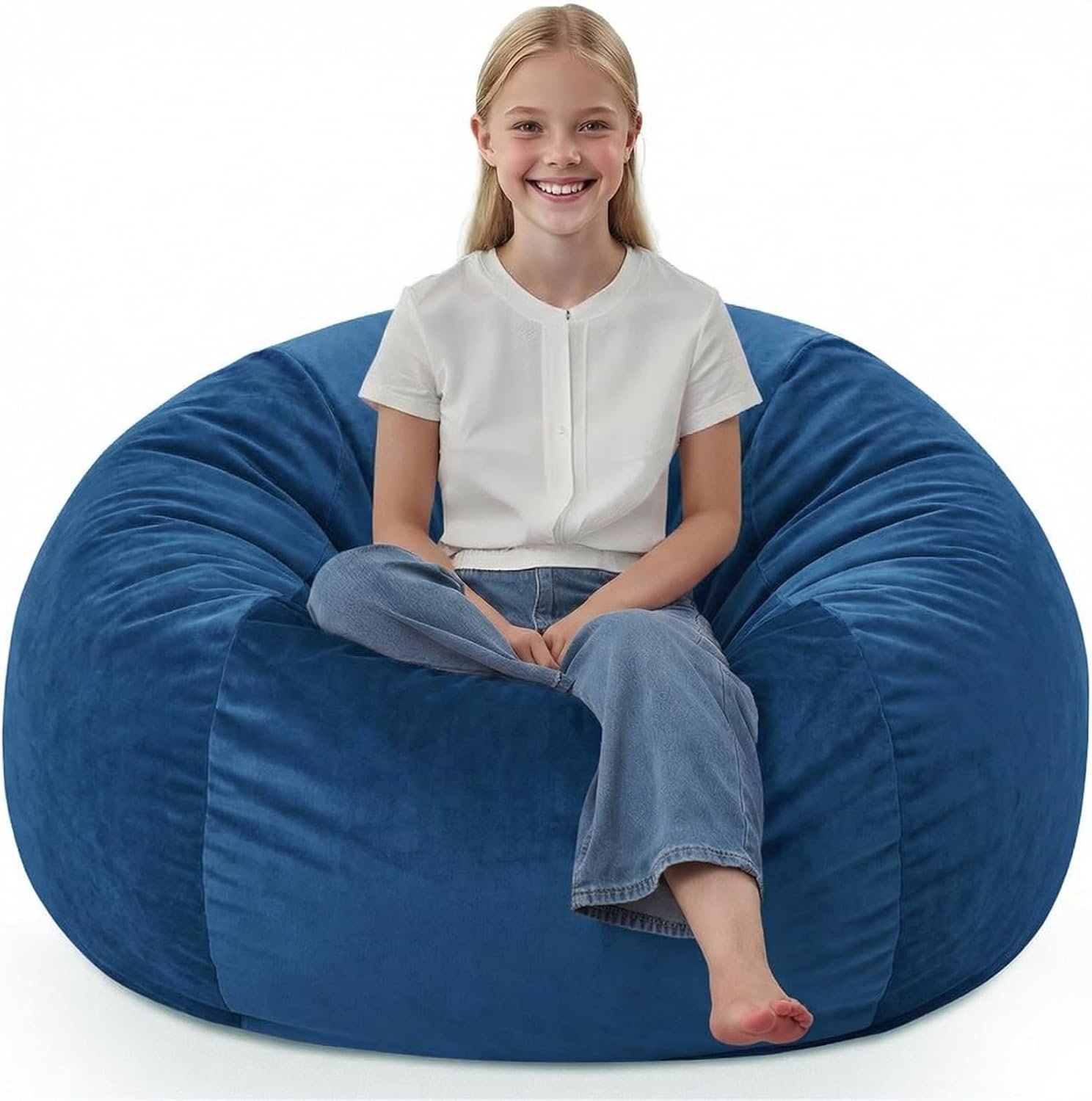 2FT Bean Bag Chair, Comfy Bean Bag Chairs with Memory Foam Filled, Fluffy Beanbag Sofa with Dutch Velvet Cover, Teardrop BeanBag Chairs for Living Room, Playroom – 2FT，Blue