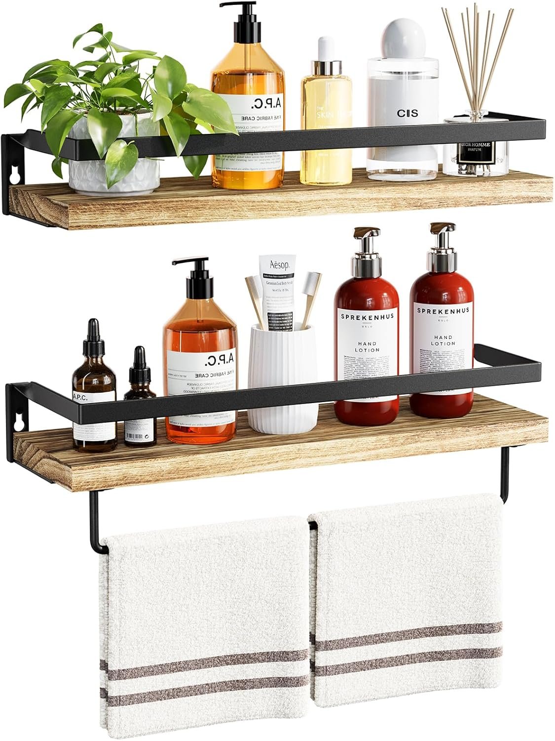 AMADA HOMEFURNISHING Bathroom Shelves with Towel Bar, Floating Shelves, Wall Shelves for Bathroom/Living Room/Kitchen/Bedroom, Light Brown, Set of 2 – AMFS01