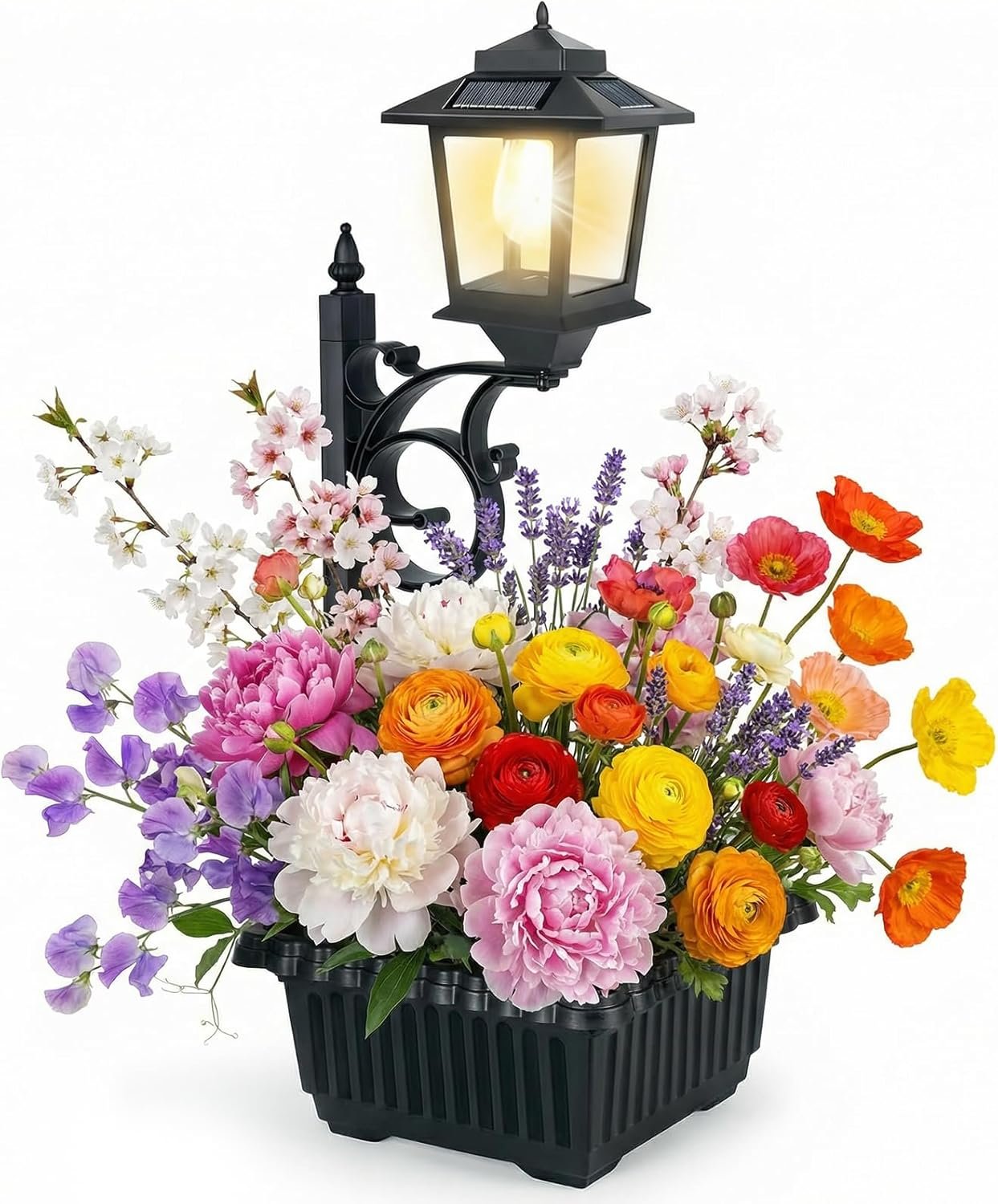 PASAMIC 2 in 1 Outdoor Flower Pots for Real or Fake Flowers, Solar Lamp Post Lights – Wall Mount or Freestanding, Waterproof Decorative Lamp for Lawn, Patio, Front/Back Door