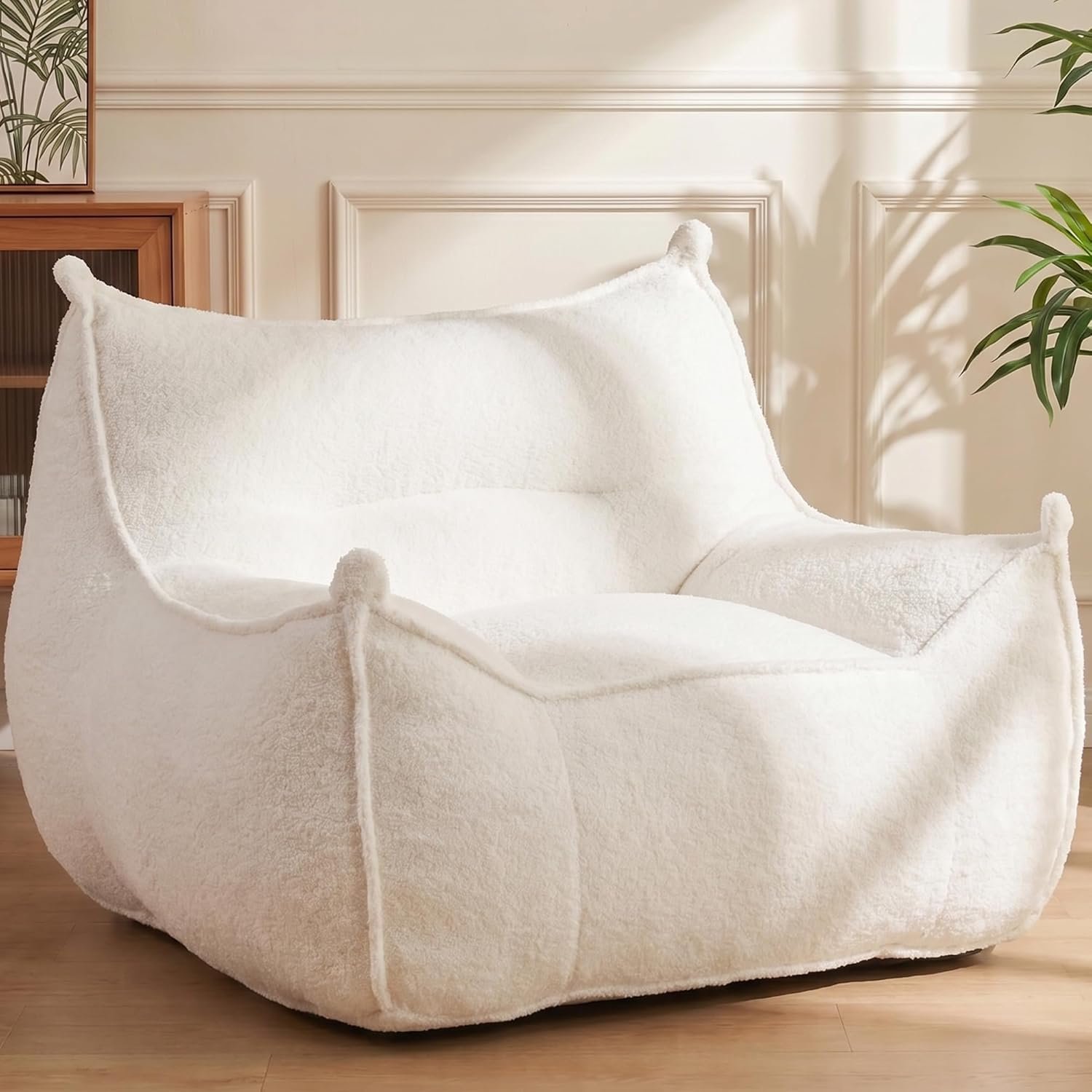 Giant Bean Bag Chair, Comfy Plush Faux Fur Beanbag Sofa Chair, Floor Lazy Sofa Couch with Armrests & Back Support, Accent Chair for Living Room Bedroom Dorm Apartment Small Spaces, Beige