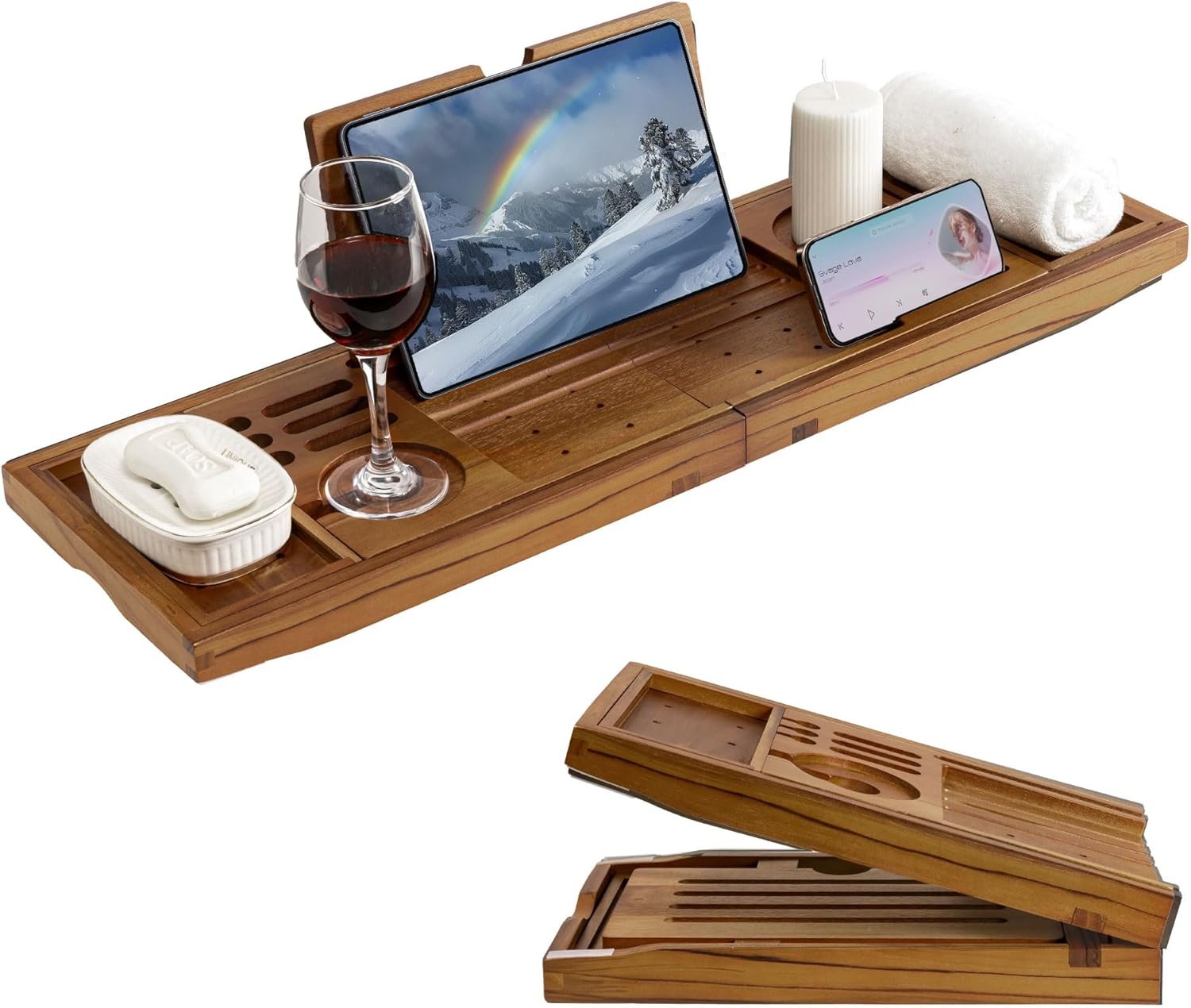 Luxury Teak Bathtub Tray – Foldable Bath Caddy with Expandable Handles, Wine Glass & Phone Holder, Book Stand – Enhance Home Spa Experience with Natural Material – Relaxing & Reading, Teak
