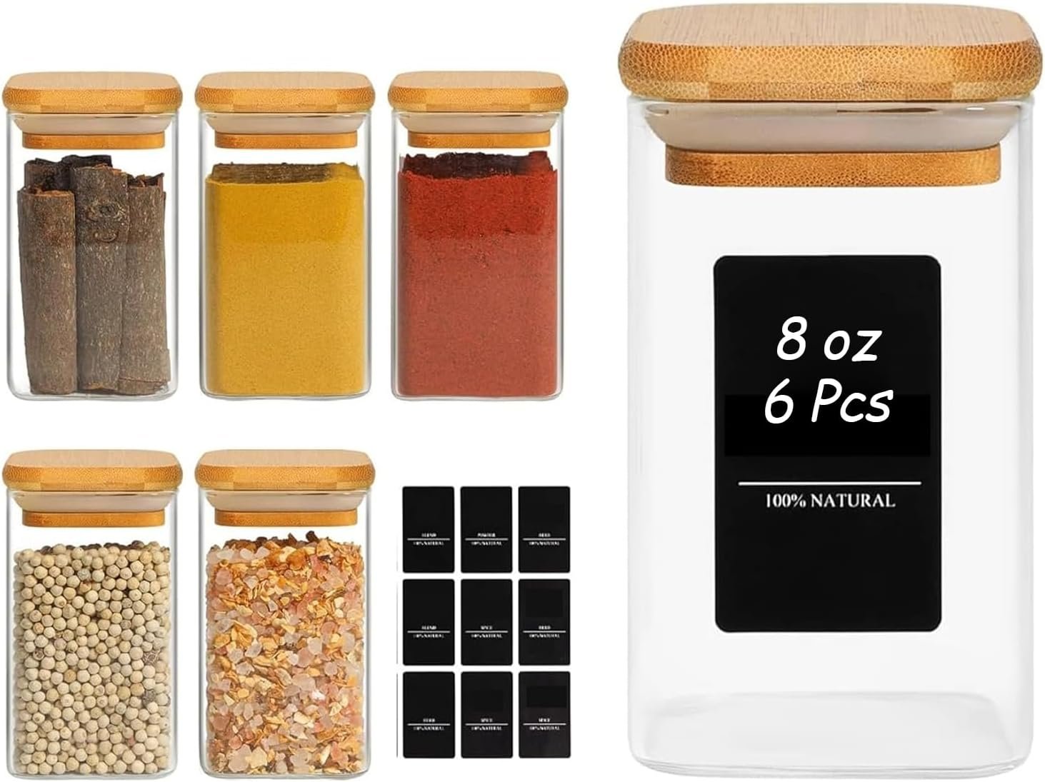 ComSaf 6Pcs 8oz Spice Jars with Label Trial Set, Glass Spice Jars with Bamboo Lids Supplementary Set, Seasoning Container Trial Pack, Perfect for Ktichen Starter