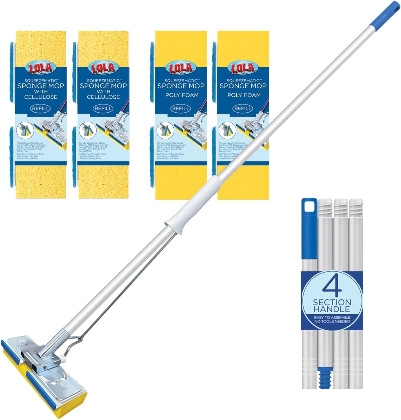 LOLA Squeezematic Butterfly Automatic Sponge Mop, 4 Mop Heads – 2 Foam w/ Cellulose Layer & 2 All Foam, 9″ Head w/ Scuff Remover
