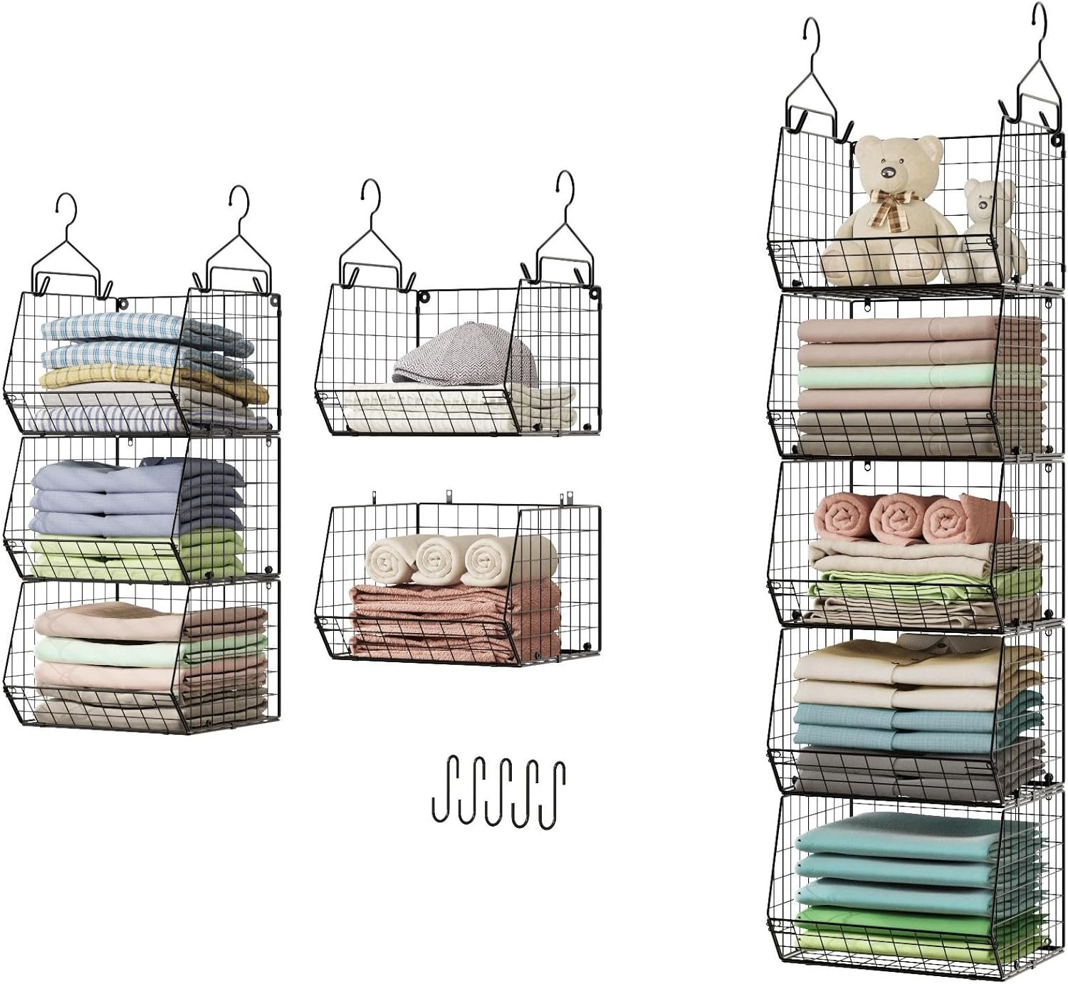 5 Tier Closet Hanging Organizer, Clothes Hanging Shelves with 4 Hanging Hooks 5 S Hooks, Wire Storage Basket Bins, for Clothing Sweaters Shoes Handbags Clutches Accessories Patent Design