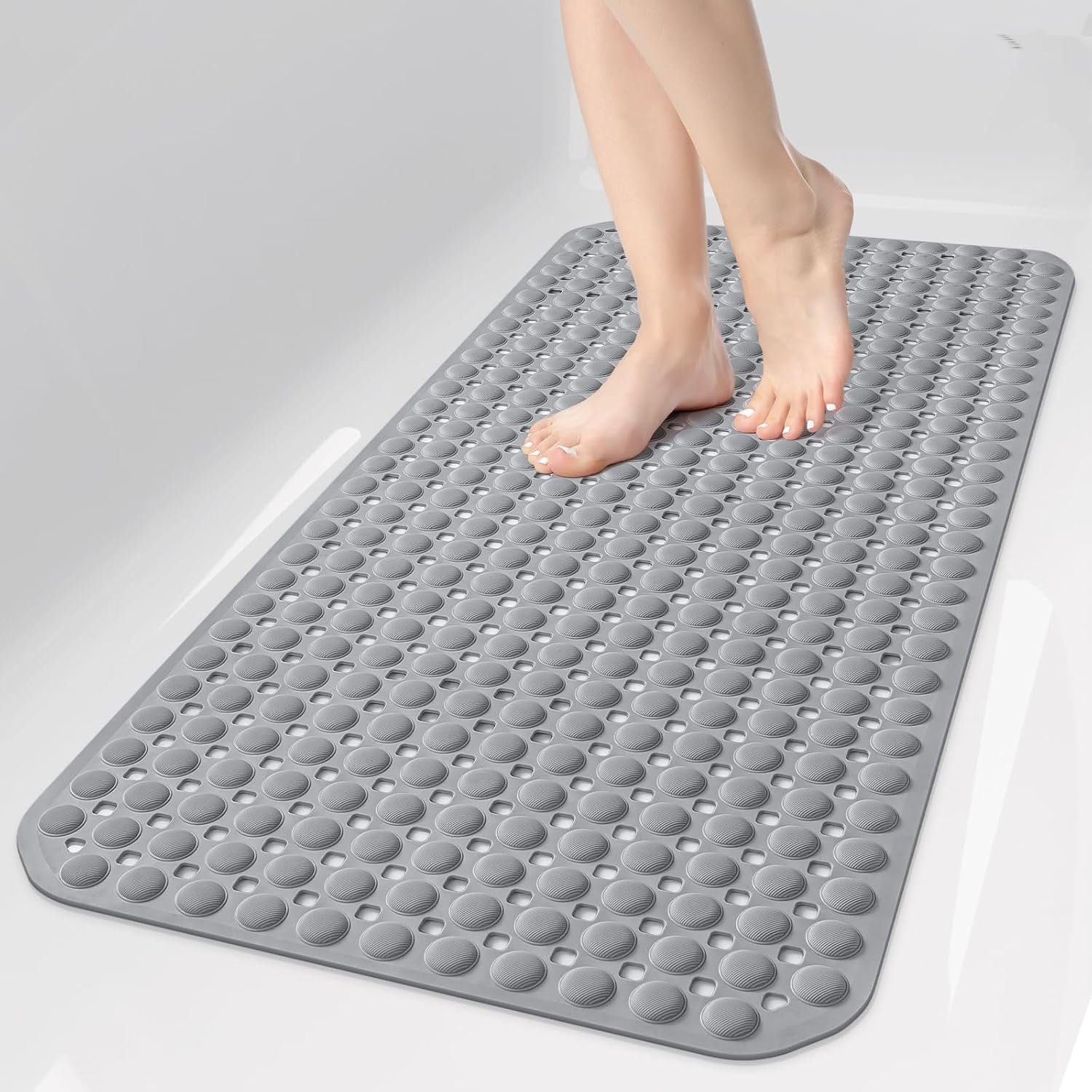 OTHWAY Bath Tub Shower Mat Non Slip, Bathtub Floor Liner Mats for Inside Shower Bathroom, Suction Cups and Drain Holes for Feet Scrubbing, Machine Washable, Soft on Feet, 35×16 Inch, Grey