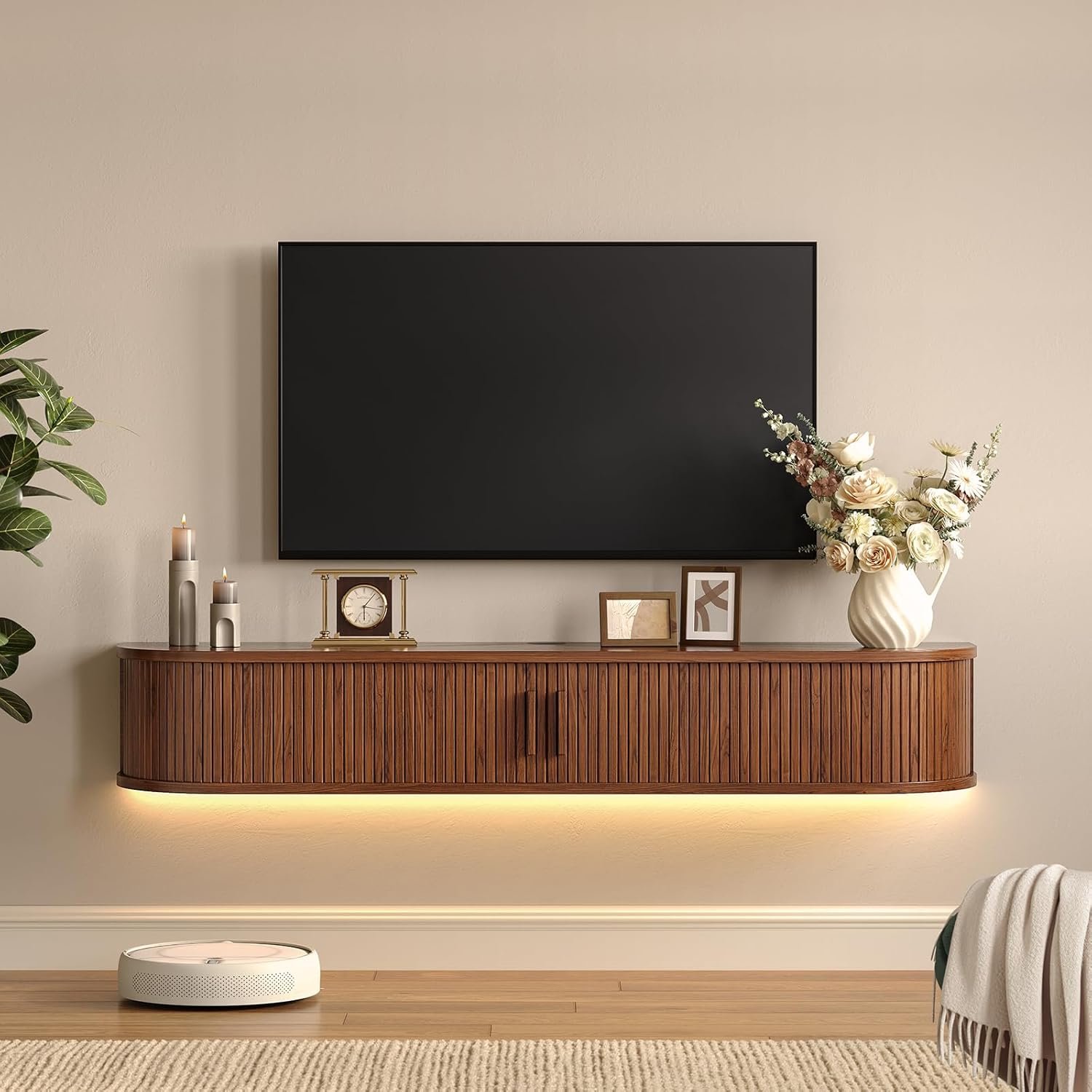 55″ Floating TV Stand with Power Outlet for TVs up to 65″, Fluted Entertainment Center with Remote Control for LED Lights, Mid-Century Modern TV Console w/Sliding Door for Living Room, Bedroom Walnut