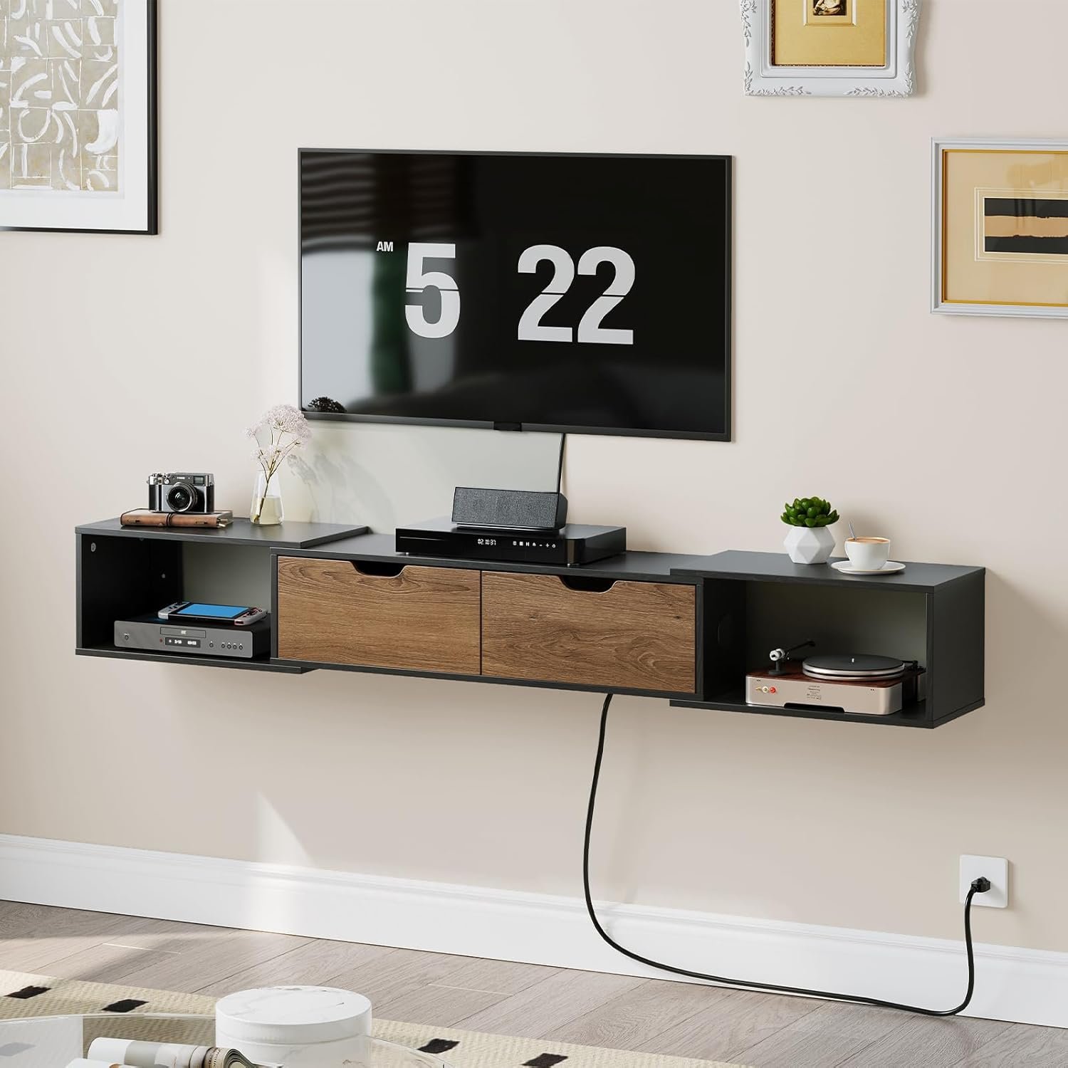 HOOBRO 62.2″ Floating TV Stand with Power Outlet, Corner Floating Entertainment Center, Wall Mounted Entertainment Center with Storage for Living Room, Under TV Shelf, Walnut and Black BH77UDS01