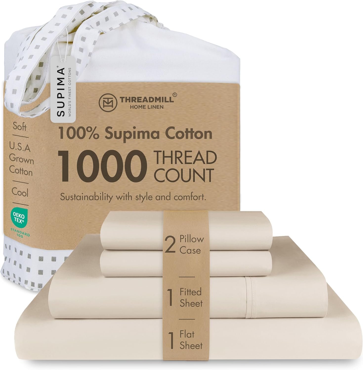 Threadmill Luxury Supima Cotton Sheets, Luxury 1000 Thread Count Soft 100% Cotton Sheets for Queen Size Bed, 4 Pc Beige Bed Queen Set, 5-Star Hotel Quality Elasticized Deep Pocket Bed Sheets Set