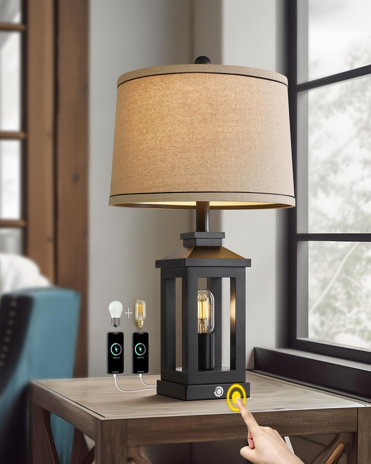 G-SAFAVA 23.75″ Retro Farmhouse Black Table Lamp for Living Room Bedroom Nightstand Single Pack Touch Control Bedside Nightlight Vintage Modern Lamp with USB C+A Ports and 2 Light Sources