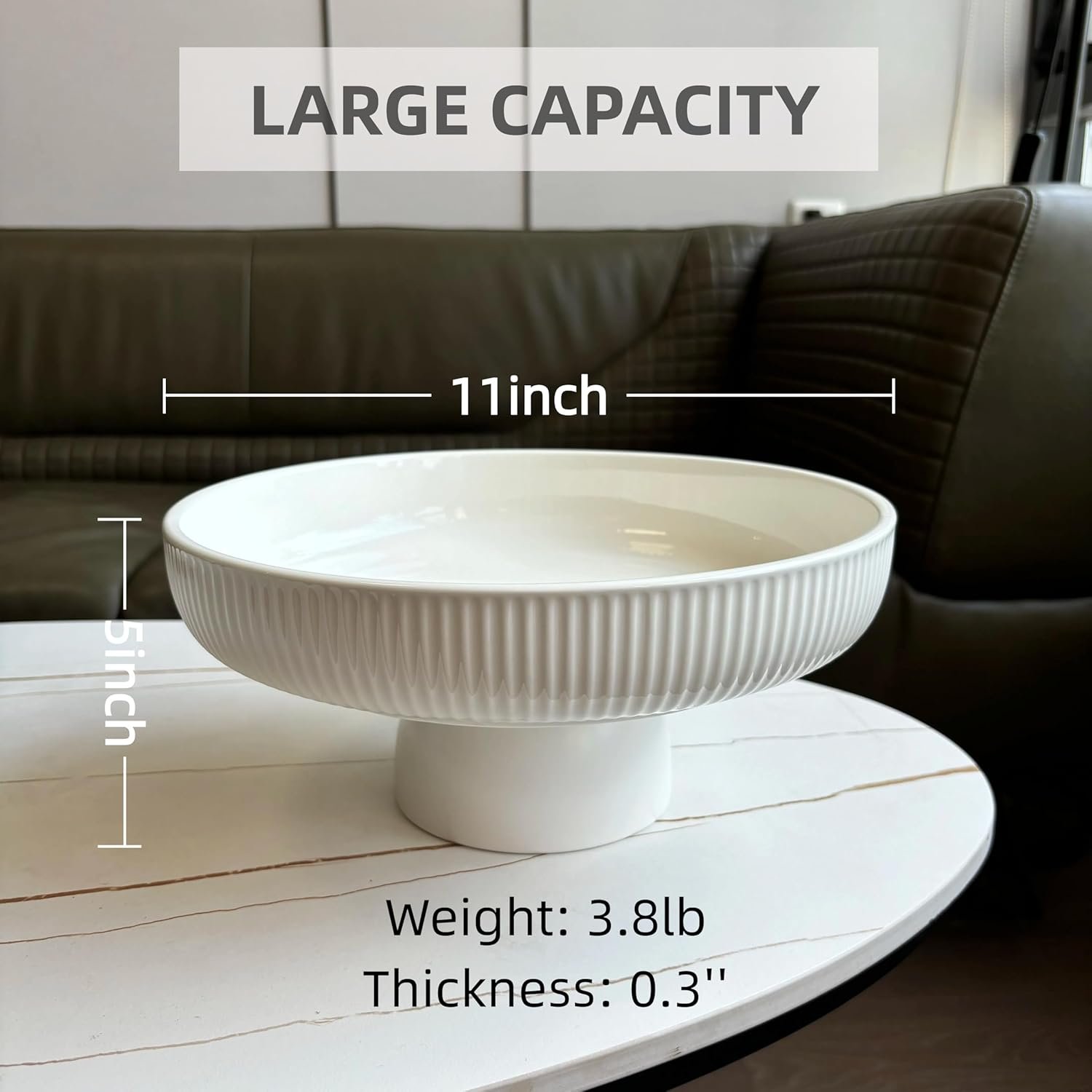 Ceramic Fruit Bowl,11″ Decorative Bowl, Large Fruit Bowl for Kitchen Counter, Pedestal Bowl, Kitchen Counter Décor, Bread Candy Snacks Organizer, White (5.3 lbs, 68oz)