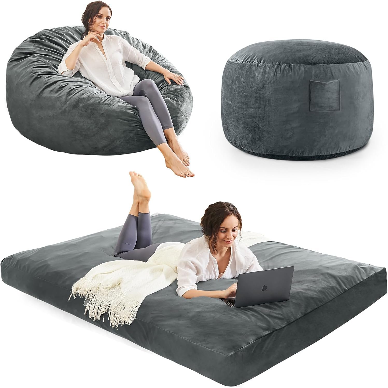 Bean Bag Chairs for Adults – Giant Bean Bag Chair Convertible Bean Bag Bed – Beanbag Chair with Micro Fiber Cover/Furniture Foam Filler – Floor Couch Sofa in Bedroom Dorm Room – Full Charcoal