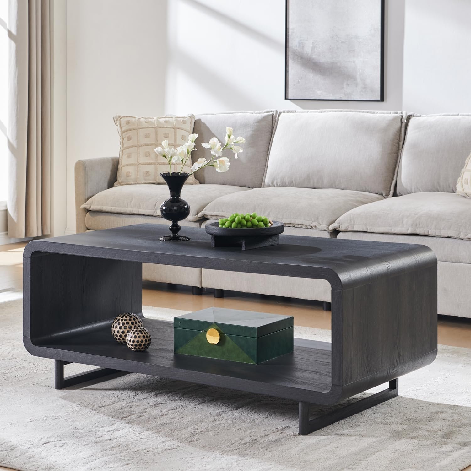 IFGET 48″ Modern Coffee Table, 2-Tier Minimalist Center Table with Storage Shelf, Curved Profile Design, Wooden Rectangular Living Room Table w/Wood Thick Design for Living Room, Office, Dark Grey