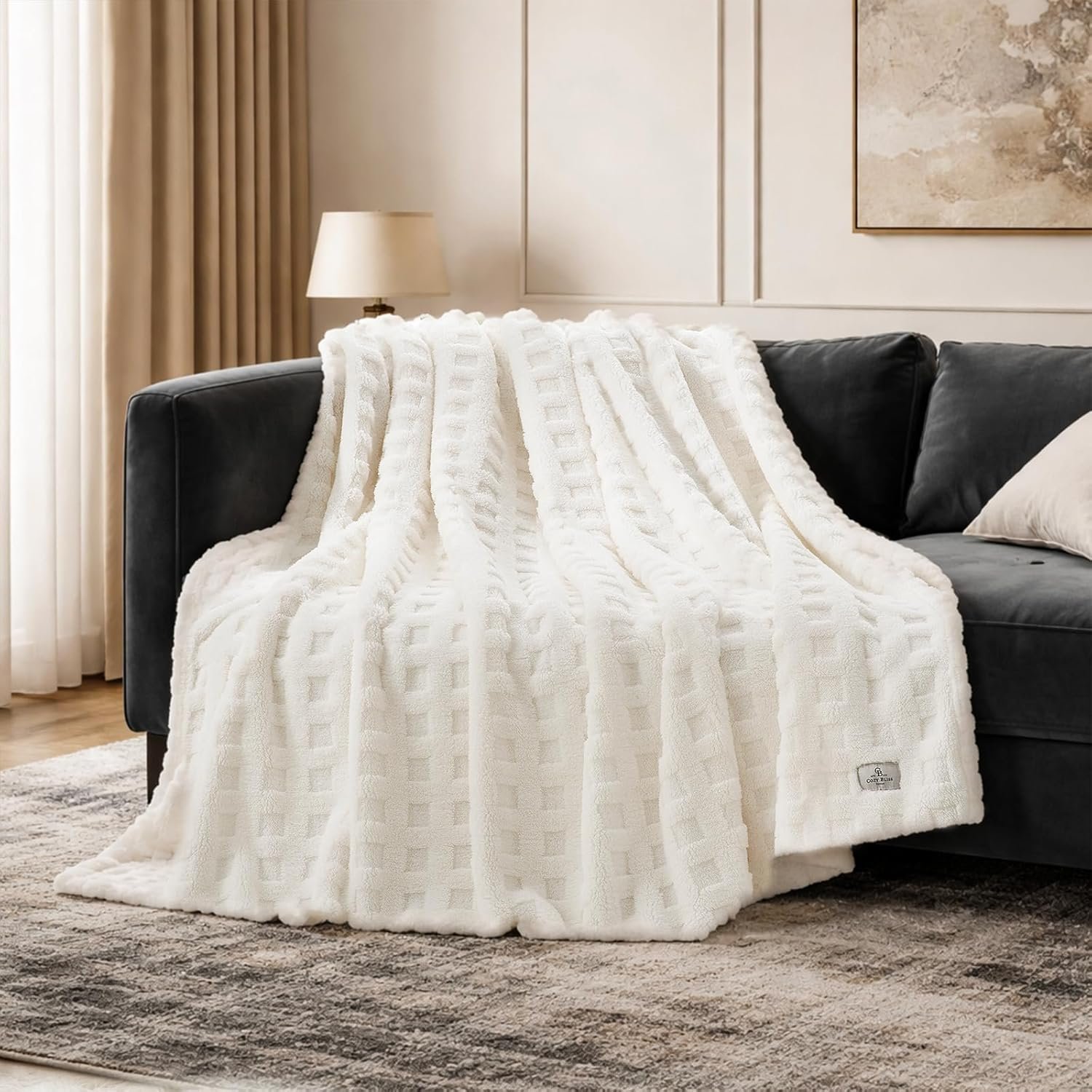 Cozy Bliss Ultrasoft Waffle Throw Blanket, Fluffy Cute Plush Blanket for Couch, Bed, Modern Home Accent, Portable for Picnic or Outdoor, Ivory, 50″x60″