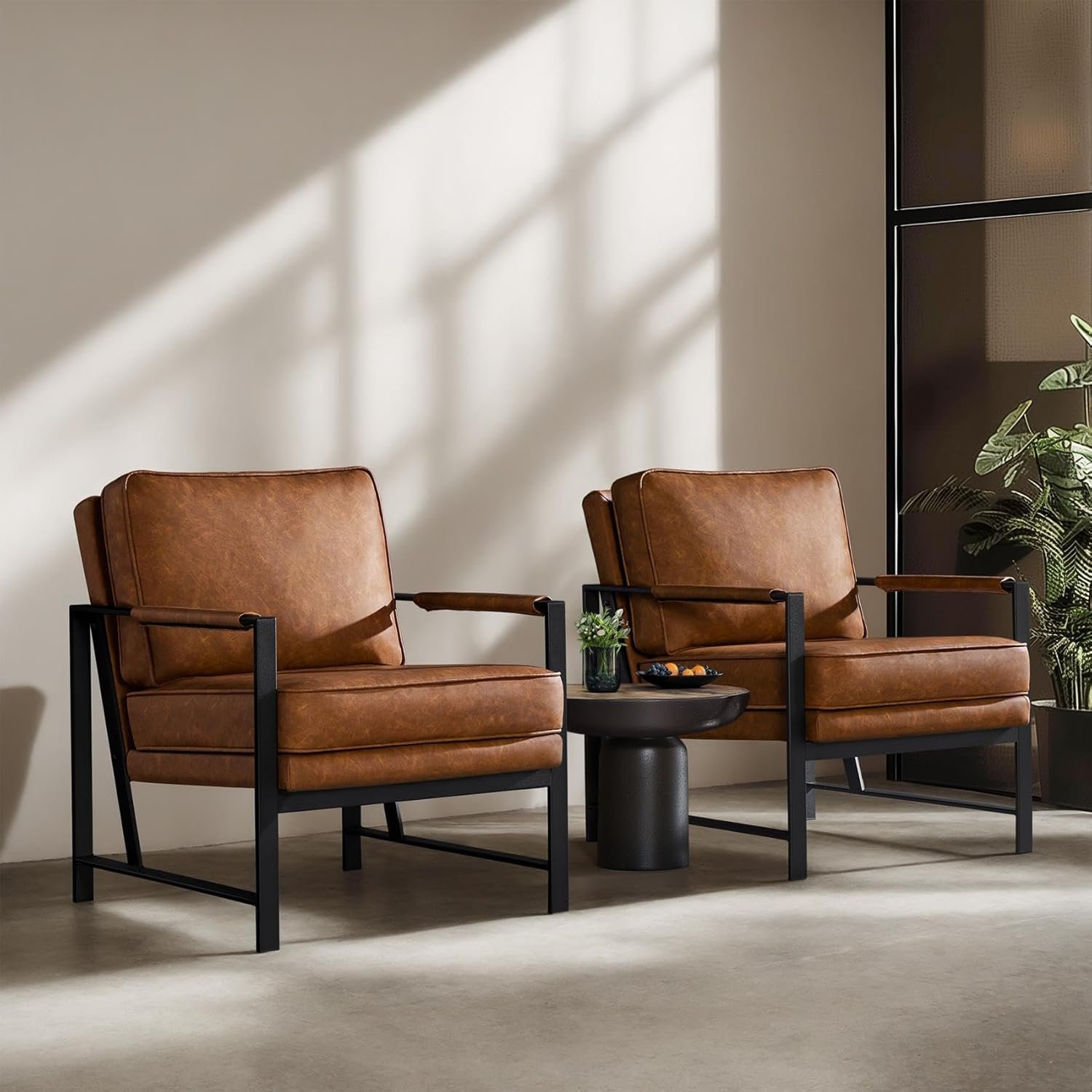 Yaheetech Set of 2 Accent Chairs for Living Room, Oversized Faux Leather Chair, Mid Century Modern Reading Chair for Bedroom Waiting Room, Light Brown