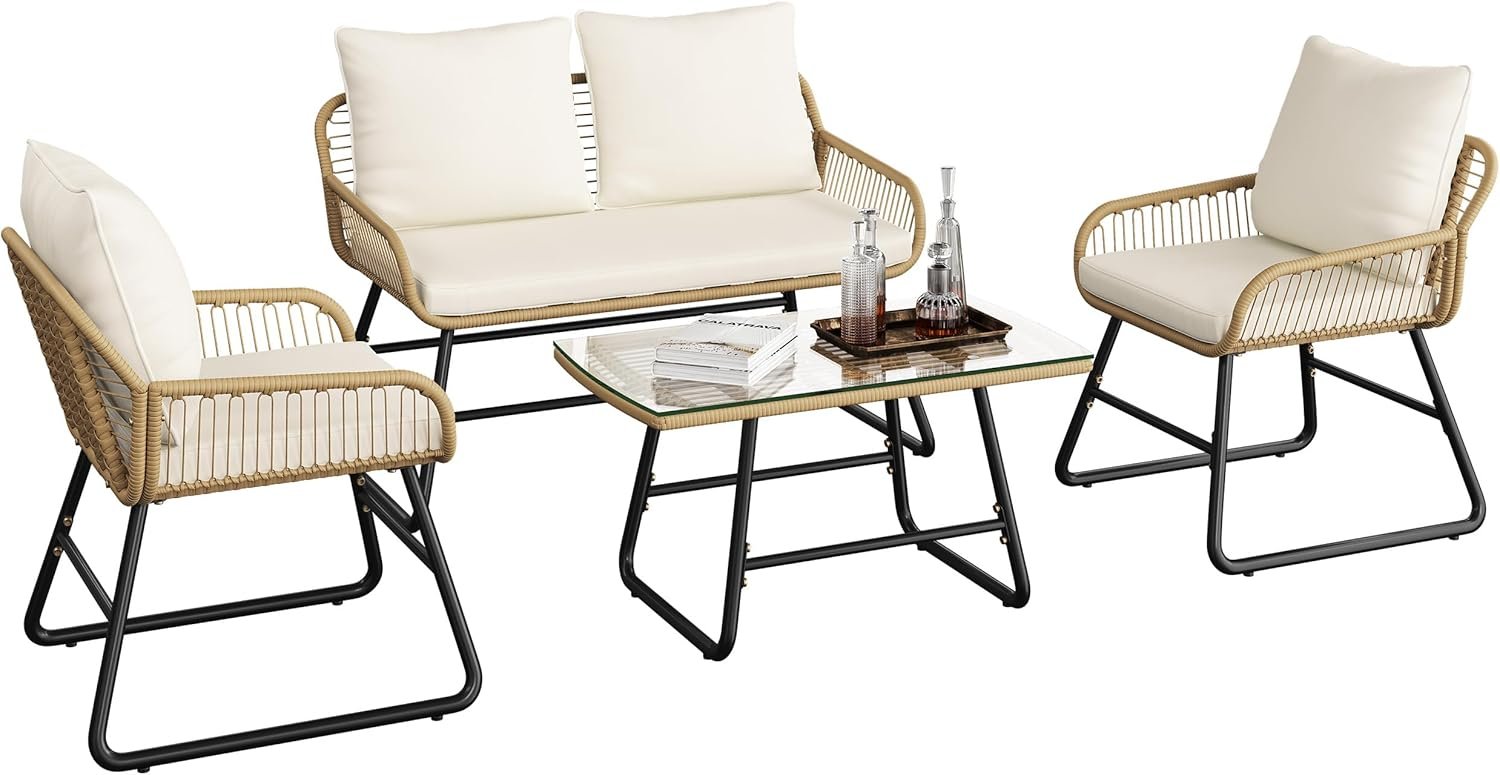 Yaheetech 4 Piece Patio Furniture Set, Outdoor Wicker Conversation Sets, Boho Loveseat & 2 Armchairs with Cushion and Pillow, Glass Top Table for Backyard, Porch, Balcony, Deck – Tan/Cream