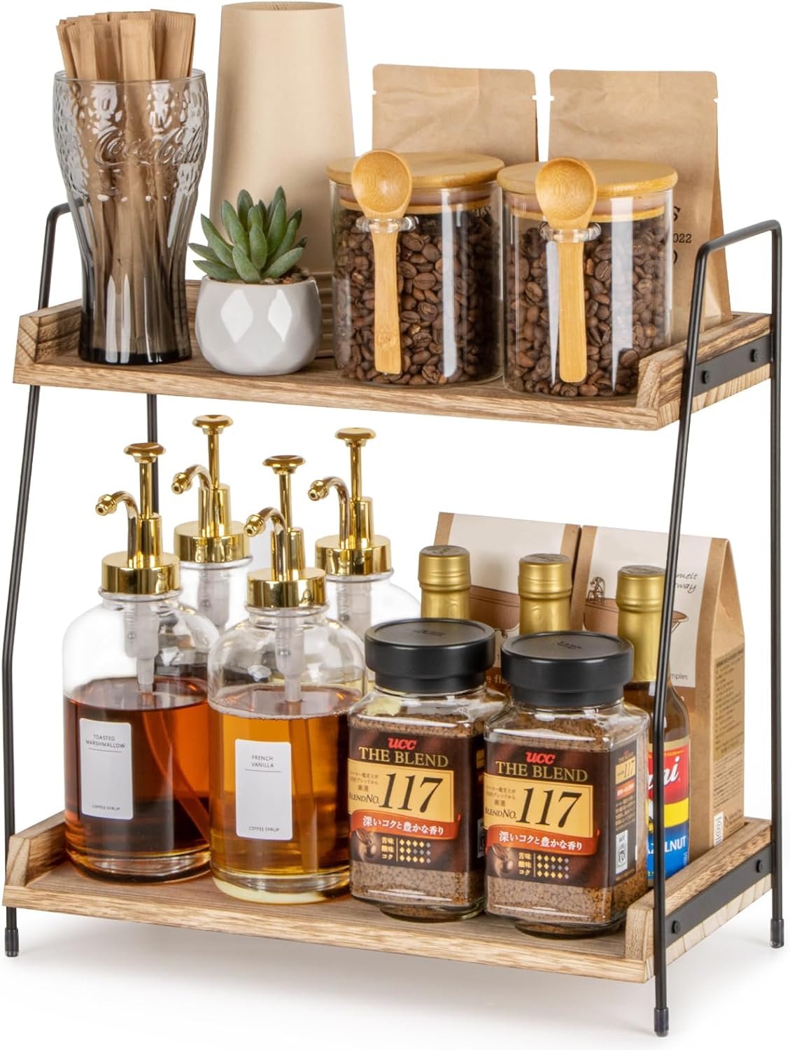 ANBOXIT Countertop Coffee Station Organizer, 2 Tier Wooden Shelf for Coffee Bar Accessories, Condiment Storage Caddy for Kitchen, Home, Office – Brown