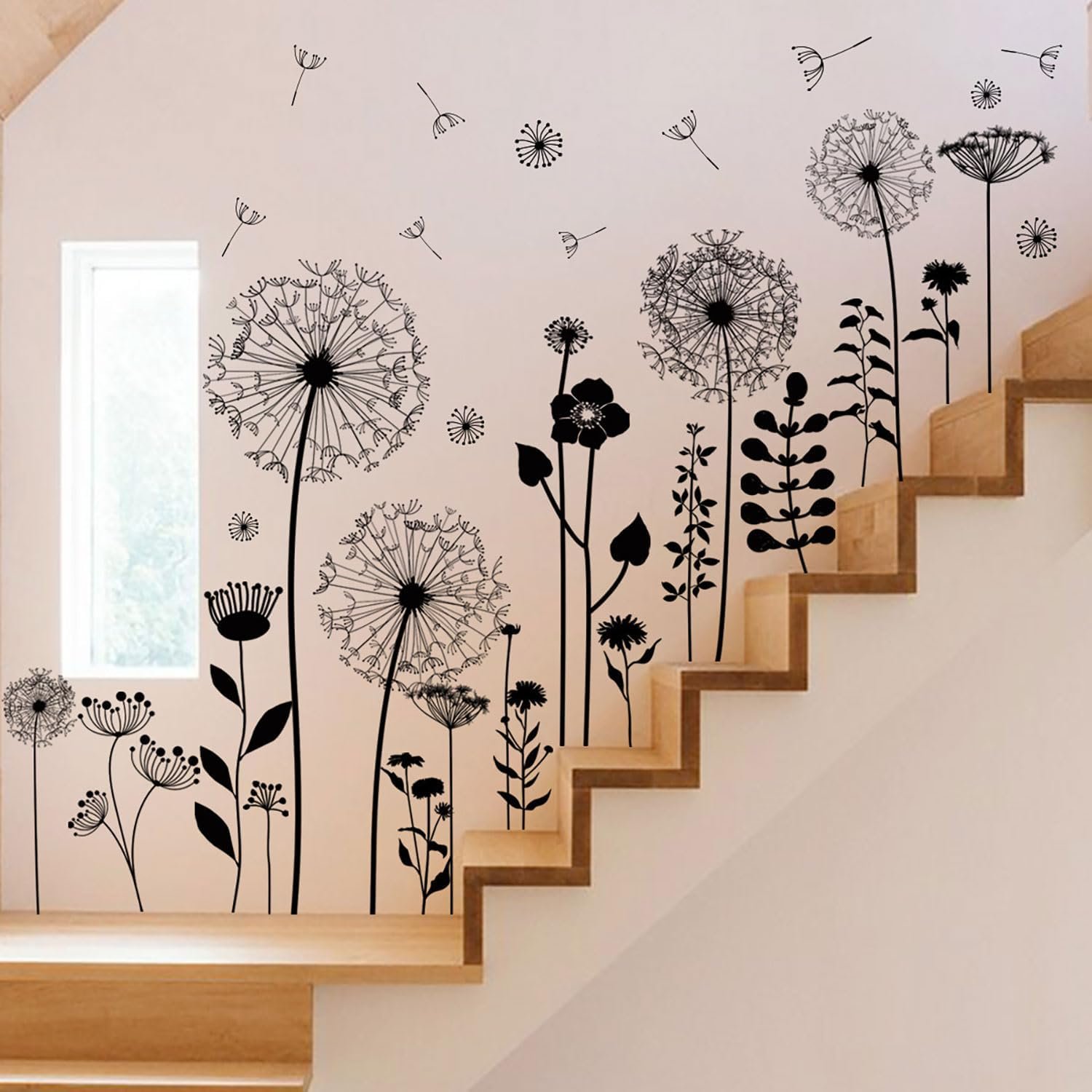 Black Dandelion Wall Decals Peel and Stick – Large Floral Wall Art Stickers with Flying Flowers, Boho Vintage Removable Vinyl Decor for Bedroom Living Room Nursery Bathroom