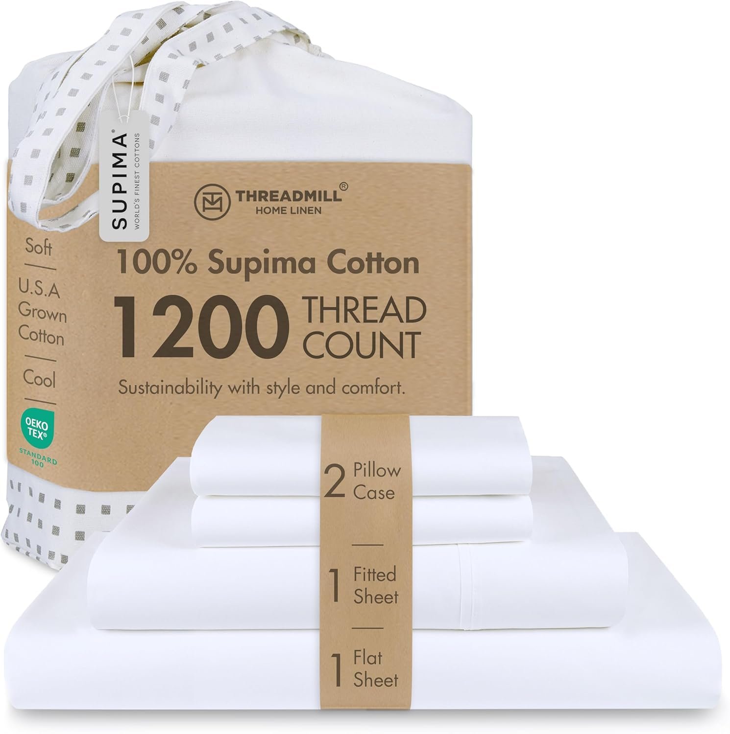 Threadmill 100% American Certified Supima Cotton Sheets King Size – 1200 Thread Count, 4Pc King Size Sheets Set, Smooth Sateen, Ultra Luxury Bed Sheets, 17″ Deep Pocket King Sheet Set – White Sheets
