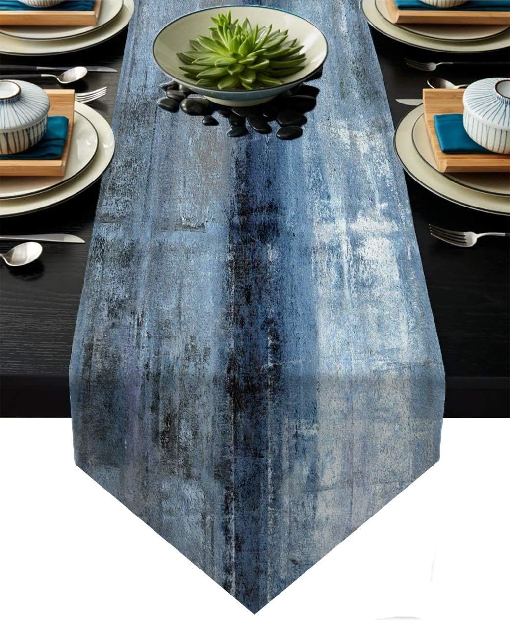 Blue and Grey Table Runner,Abstract Modern Art Burlap Table Runners for Table Dresser Runner Farmhouse Style for Dinner Party Holidays Home Decoration (Blue Grey, 13″x 71″)