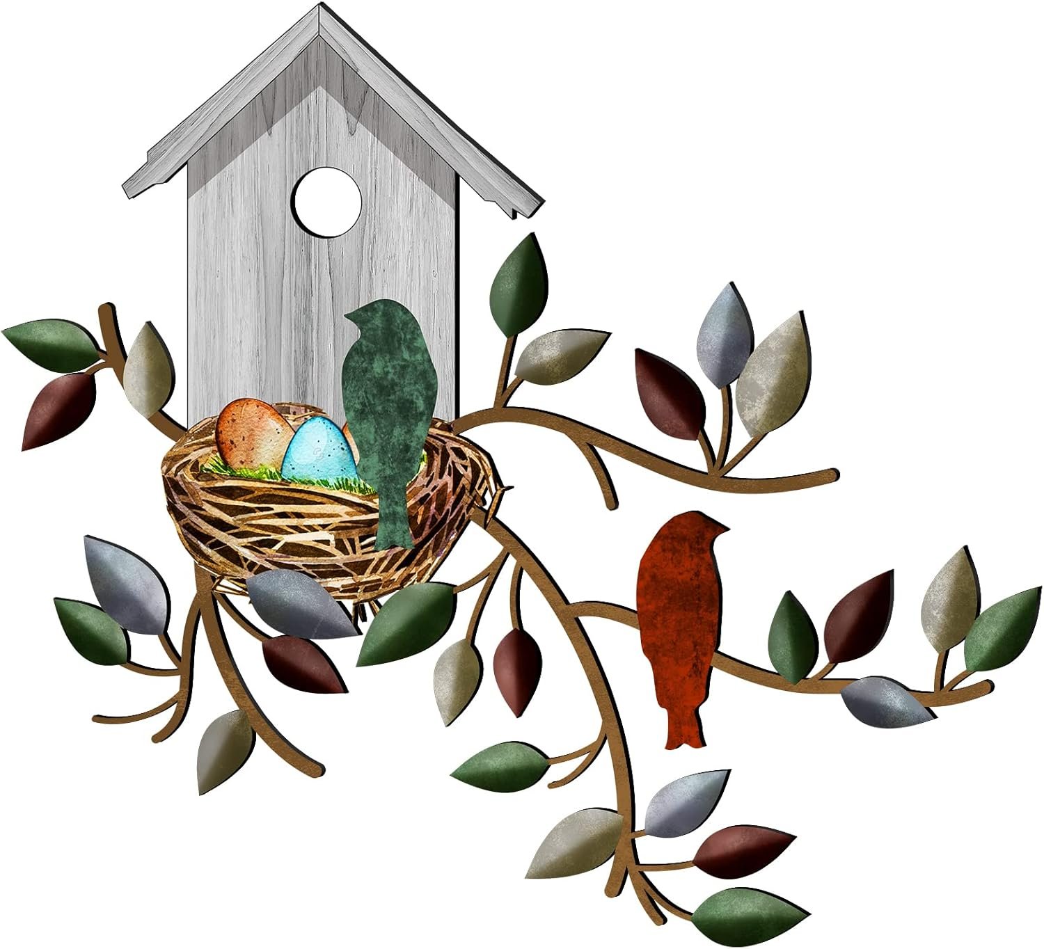 Peryiter Birds Wall Metal Decor Outdoor Art Hanging Metal Tree with Birdhouse for Living Room Tree Leaf Wall Decor for Indoor Outdoor Garden(White)