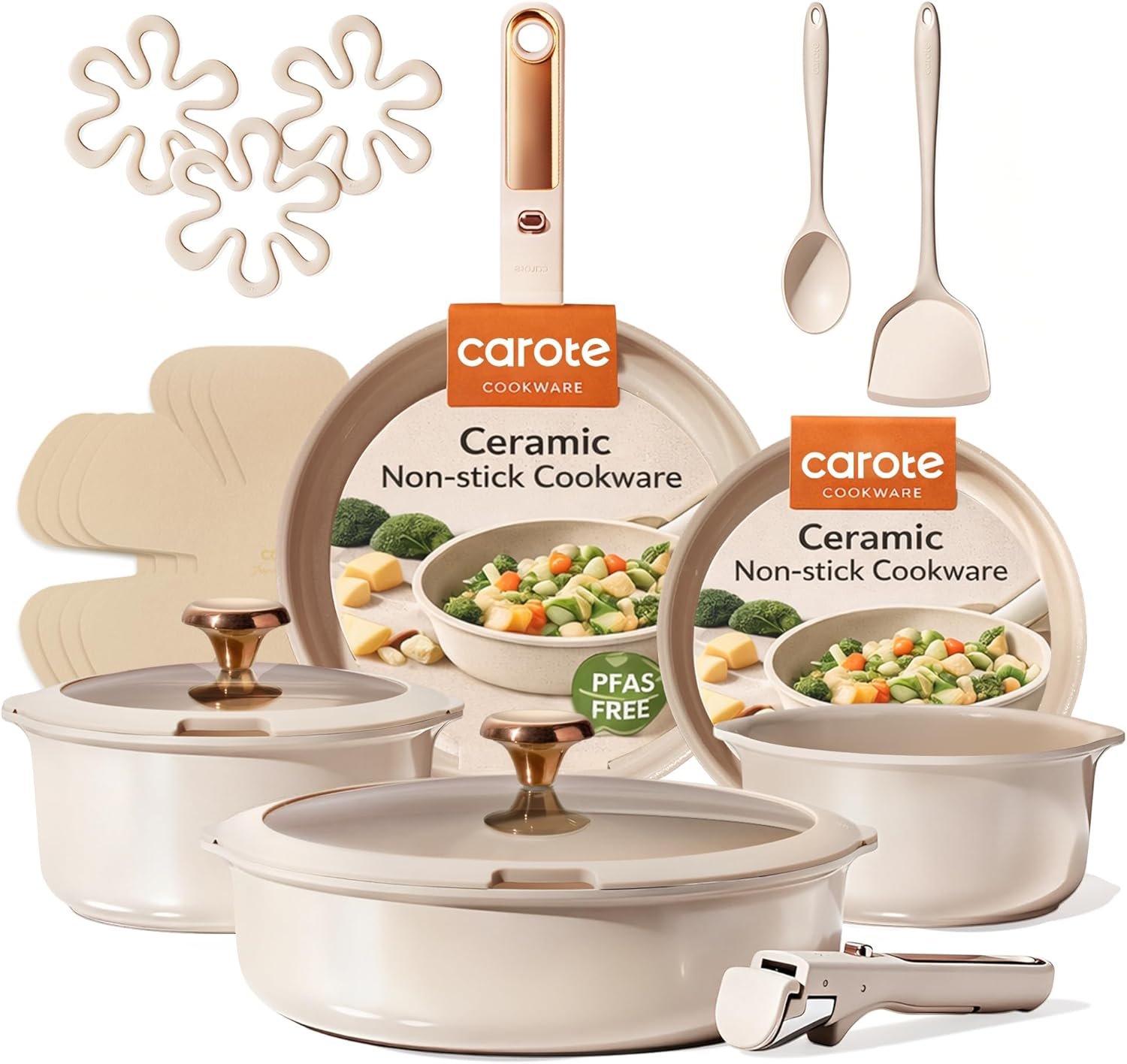 CAROTE 18Pcs Ceramic Cookware Set with Detachable Handle, Pots and Pans Set Non Stick, Non Toxic Cookware Set Removable Handles, Induction Kitchen Cookware Sets, Dishwasher/Oven Safe