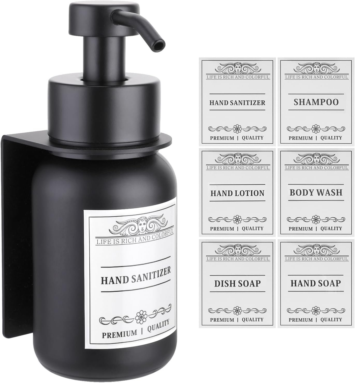 Black Glass Soap Dispenser Wall Mount for Bathroom with Pump and Drill-Free Holders – 8.5 Oz Hand Soap Dispenser, Shower Dispenser with Waterproof Labels