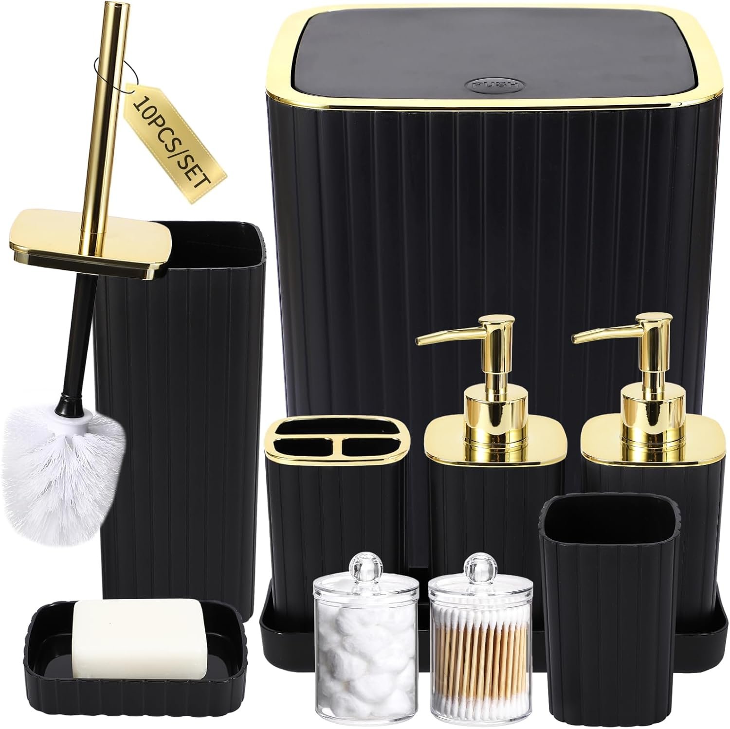 XLHOMO Bathroom Accessories Set – Gorgeous Black Bathroom Set, 10PC Bathroom Accessory Set, Toilet Brush, Trash Can, Qtip Holder & Soap Dispenser