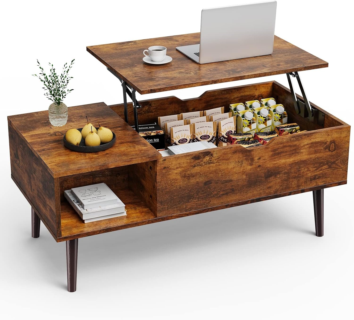 Sweetcrispy Wood Coffee Table Lift Top Coffee Tables for Living Room Office, Small Rising Wooden Center Tables with Large Storage Shelf and Hidden Compartment, Brown | Lift Top