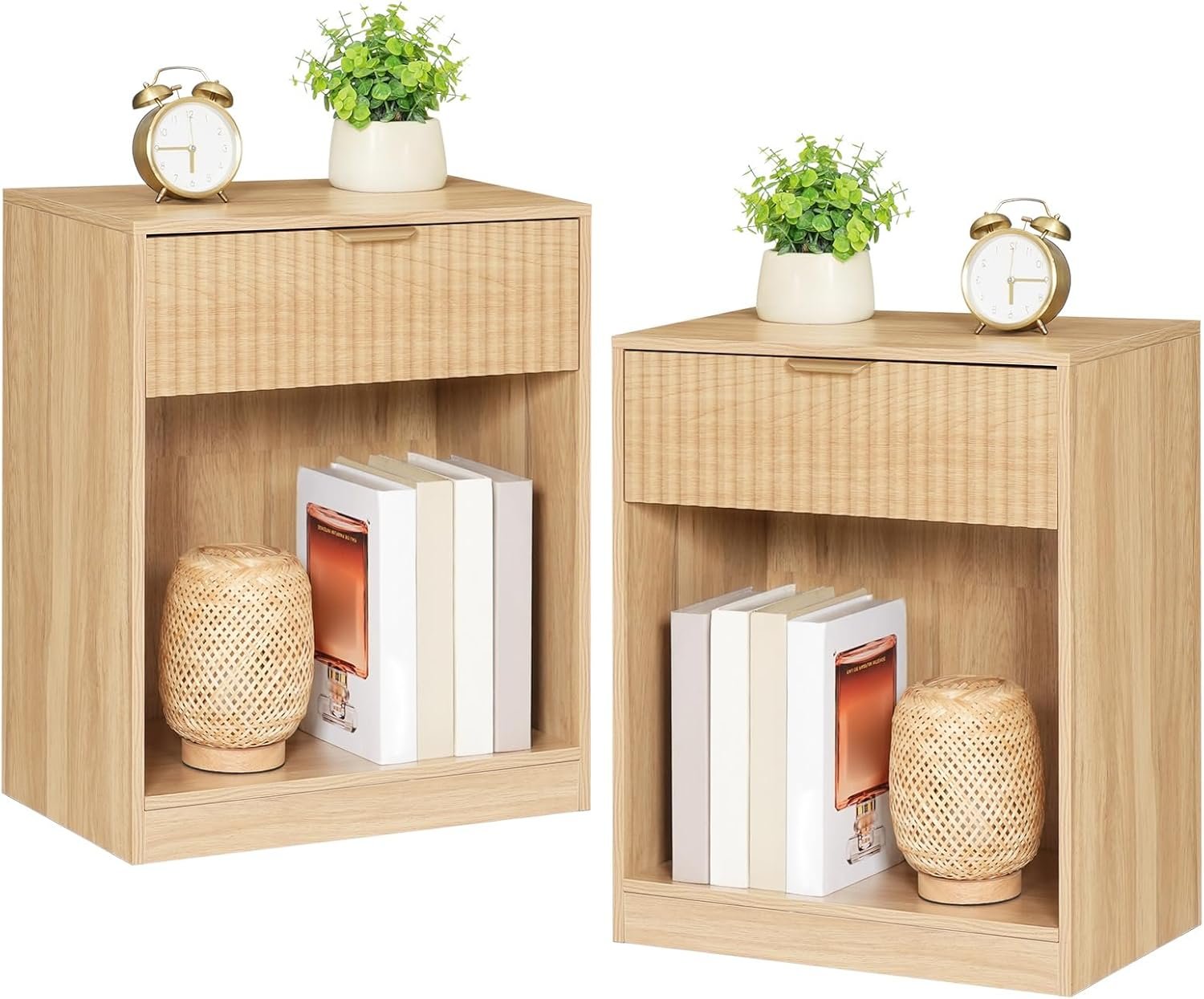 HOOBRO Fluted Nightstands Set of 2, Modern Bedside Tables with 1 Drawer and 1 Open Compartment, Wooden End Tables with Metal Handle, for Bedroom and Office, Natural NL208BZP201