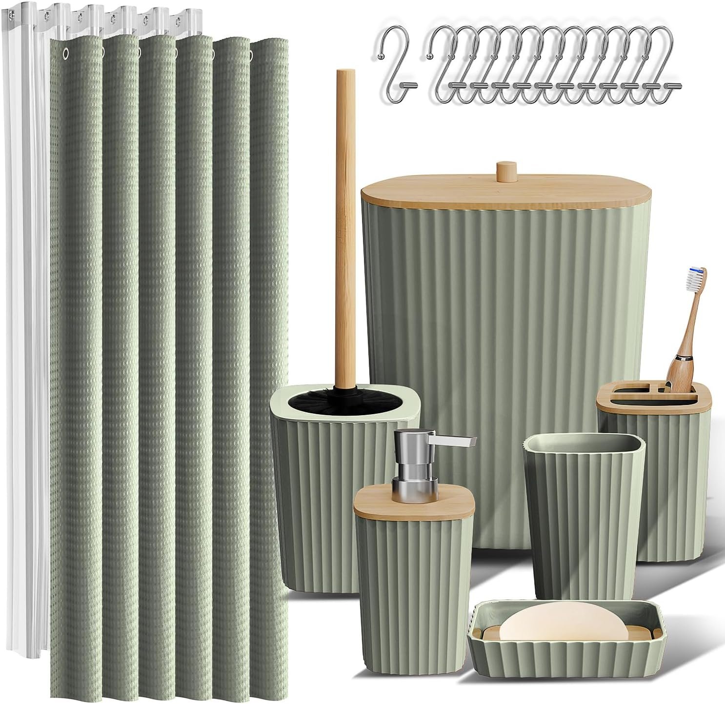 Clara Clark Bathroom Accessories Set – Bathroom Set, Bathroom Accessory Set, Shower Curtain Set, Toilet Brush, Trash Can & Soap Dispenser – Sage Green – 20PC