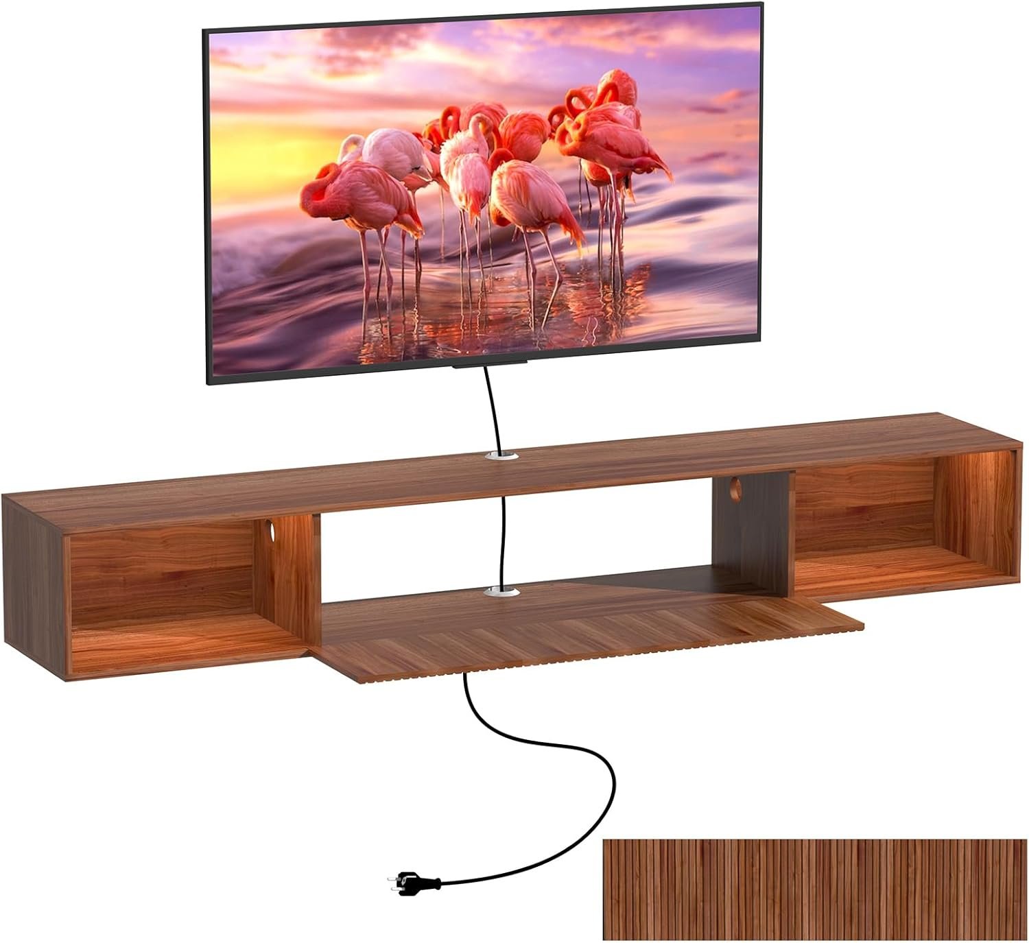 55″ Floating TV Stand with LED Light, Floating TV Stand Wall Mounted, Entertainment Center with Storage Long for Bedroom, Wood Floating TV Shelf for Living Room (Brown)