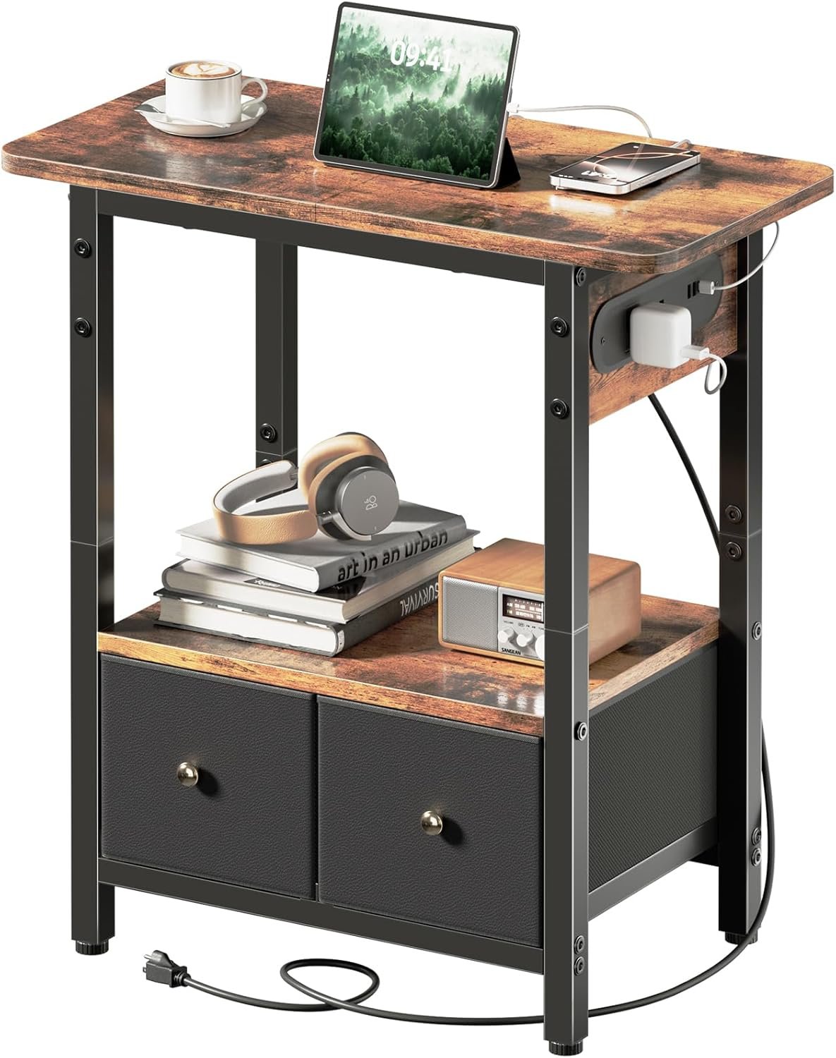 HLDIRECT Nightstand with Charging Station, Bedside Table with 2 Fabric Drawers and Large Storage Shelf for Small Space, End Table with Outlet and USB Ports for Living Room, Bedroom (Rustic Brown)