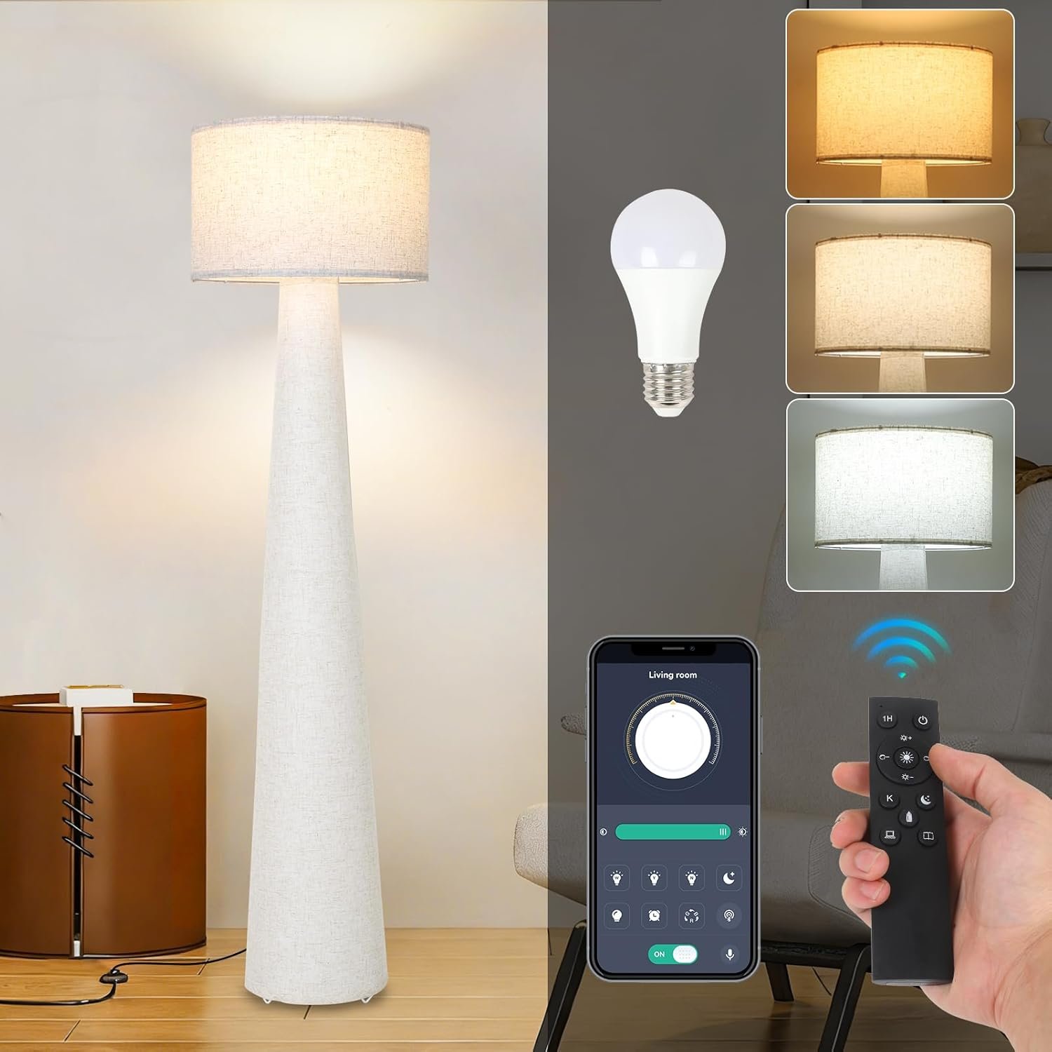 LAMSU Boho White Floor Lamps for Living Room, Dimmable Standing Lamp with Remote and Bulb, Mid Century Column Tall Lamp with Fabric Shade, 3 Color Temperatures, Farmhouse Stand Up Light for Bedroom
