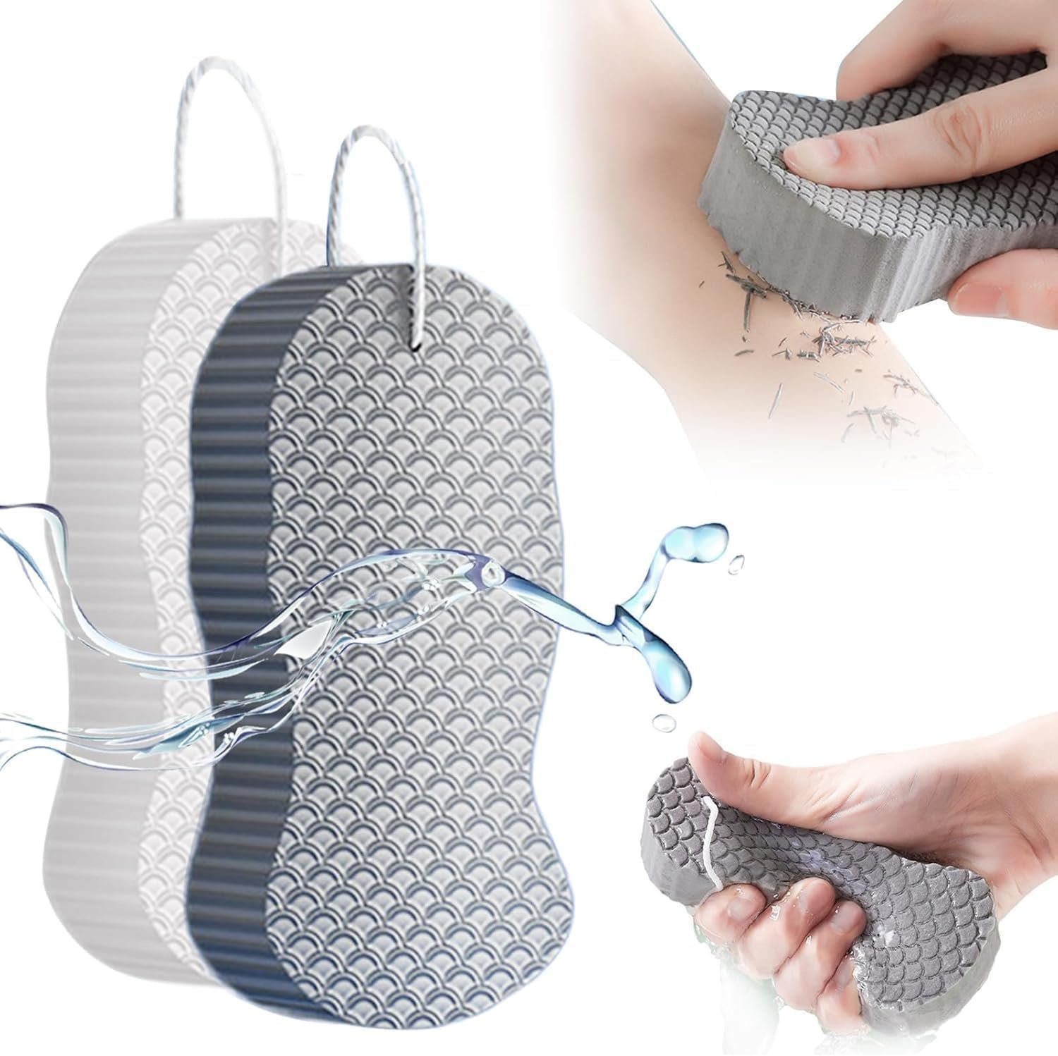 Upgrade Magic Exfoliating Bath Sponge, 2026 New Super Magic Exfoliating Body Scrubber Soft Exfoliating Bath Sponge, Reusable and Skin Friendly for Adults Women and Men (White+Grey)