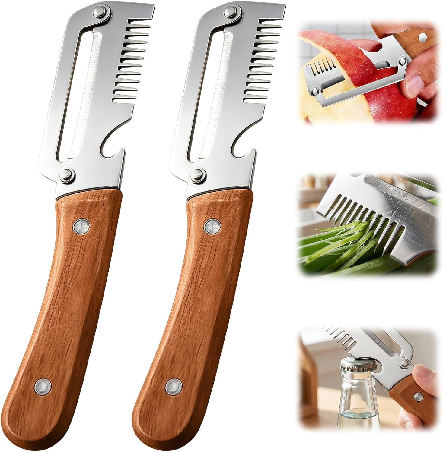 Vegetable Peeler with Wooden Handle and Bottle Opener, 2026 new Multi-Functional Vegetable Peeler for Kitchen, Kitchen Gadgets for Fruit Pumpkin Peeling Potato Carrot Veggie Peeler (2 Pack)