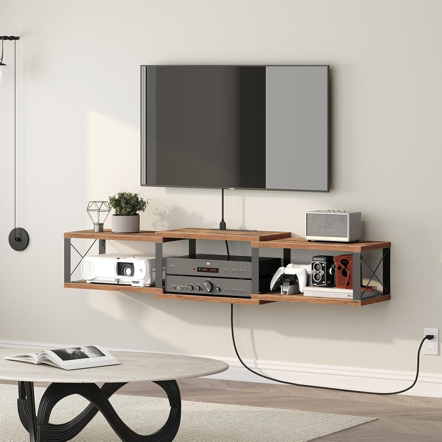 MAHANCRIS 43.7” Floating TV Stand with Power Outlet, Wall-Mounted Entertainment Center, Floating Metal Frame Media Console Shelf for Under TV Storage, for Living Room, Bedroom, Rustic Brown TVHR101E01