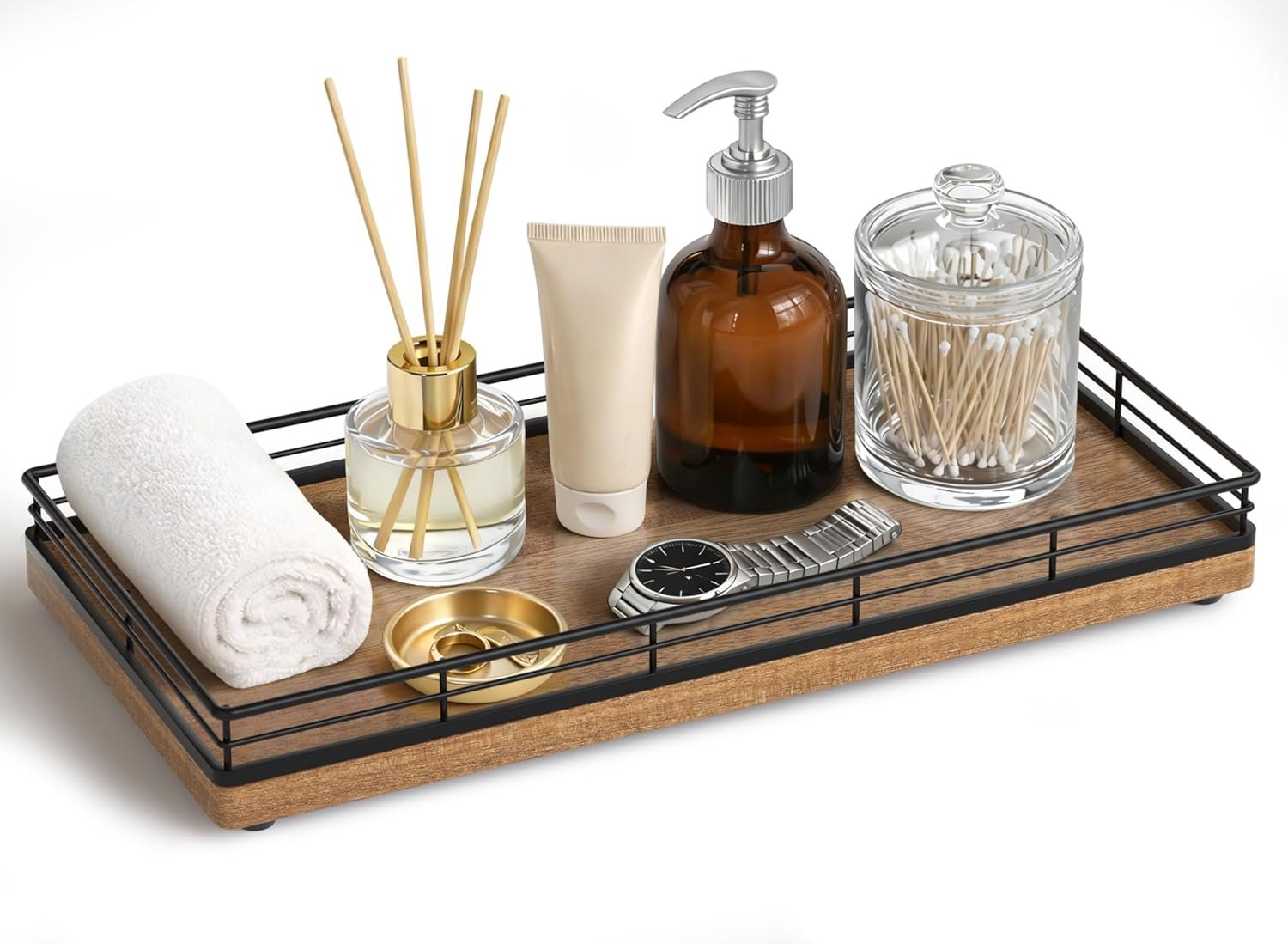 Bathroom Vanity Tray for Countertop, 12″ x 6″ Acacia Wood Toilet Tank Tray with Metal Guardrail, Bathroom Organizer for Soap, Perfume & Skincare, Non-Slip Decorative Tray for Dresser, Black & Acacia