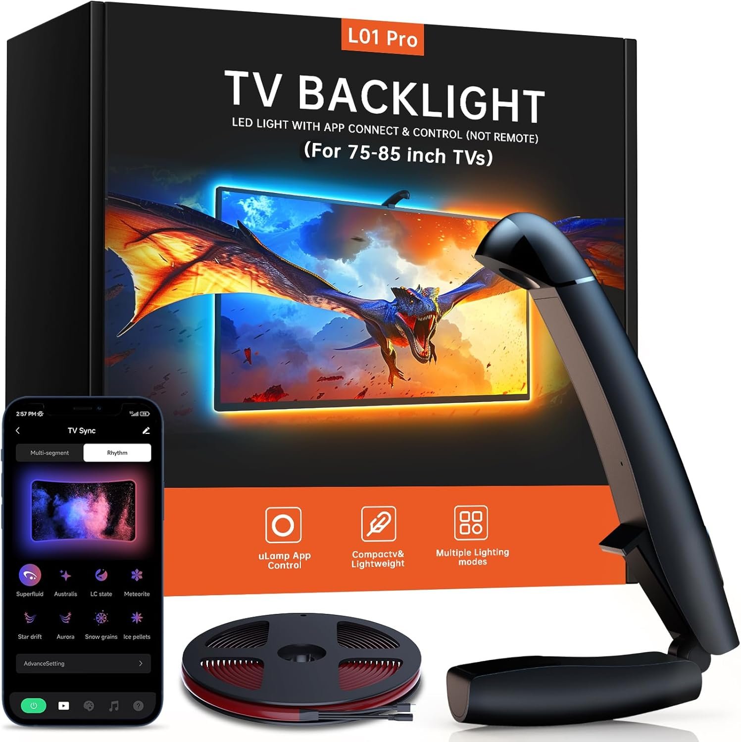 FFJ TV Lights that Change with Screen, 18ft Cuttable LED Backlight for 75-85 Inch Screen and PC Monitor, Backlight with Sensor, Smart App Control, Game & Music Sync Color Changing Lights
