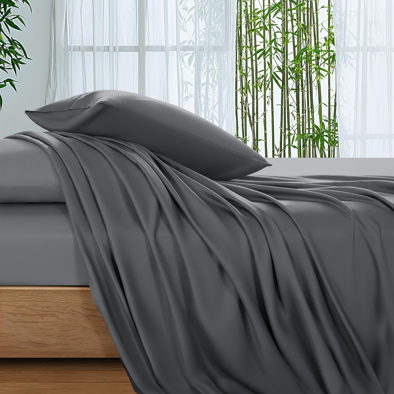SONORO KATE 100% Viscose Derived from Bamboo_Sheets Queen Size, Ultra Breathable & Cooling Bed Sheets for Hot Sleepers, Hotel Luxury Silky Bedding Sheets, 16″ Deep Pocket – 4PC (Dark Grey,Queen)