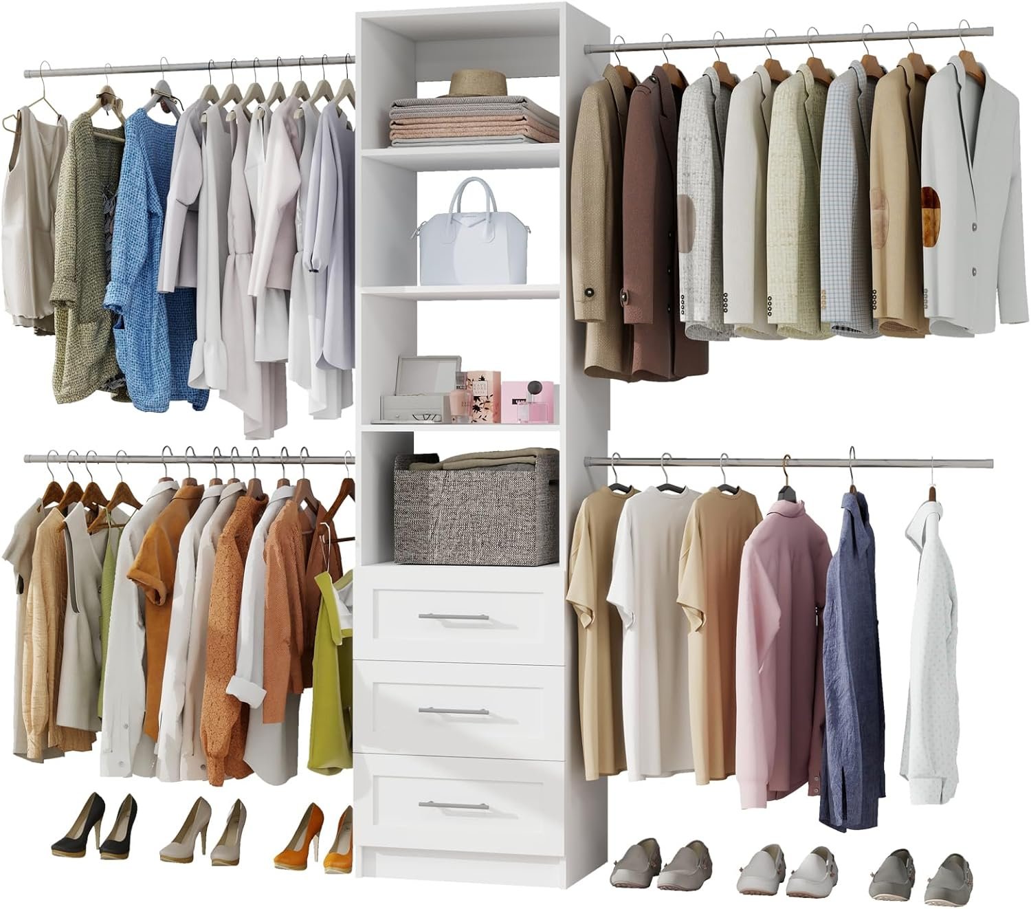 Closet System, 5FT-9FT Closet Organizer System with 4 Expandable Hanging Rods and Moveable Shelves, 115″ Walk in Closet System with 3 Wooden Drawers, Custom Built in Closet, Wall Mount