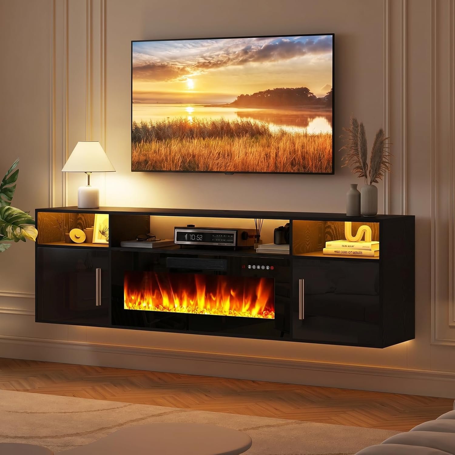 LEMBERI 70″ Floating TV Stand with 36″ Electric Fireplace, Wall Mounted Fireplace LED Light Entertainment Center with Storage, Fire Place TV Console with Highlight Cabinet for Living Room (Black)