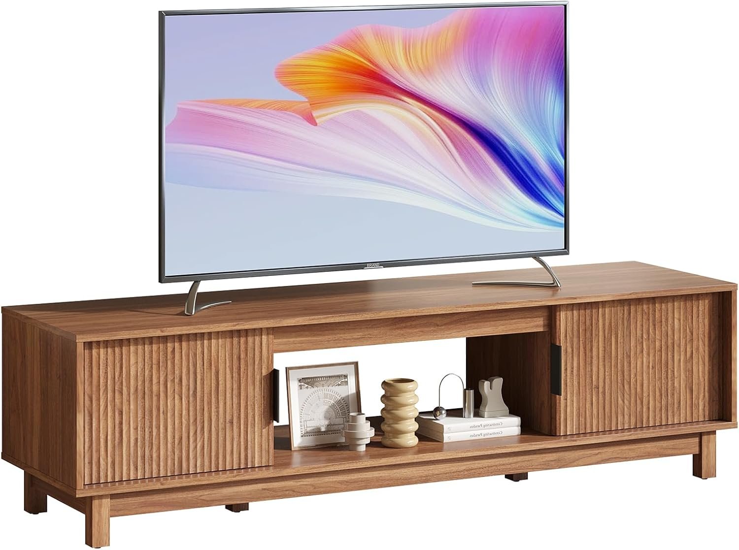 DUMOS 58″ Mid Century Modern TV Stand, Mocha Brown Wood Entertainment Center with Storage Cabinets, Media Console Table with Straight Legs & Cable Management for Living Room, Bedroom, Office