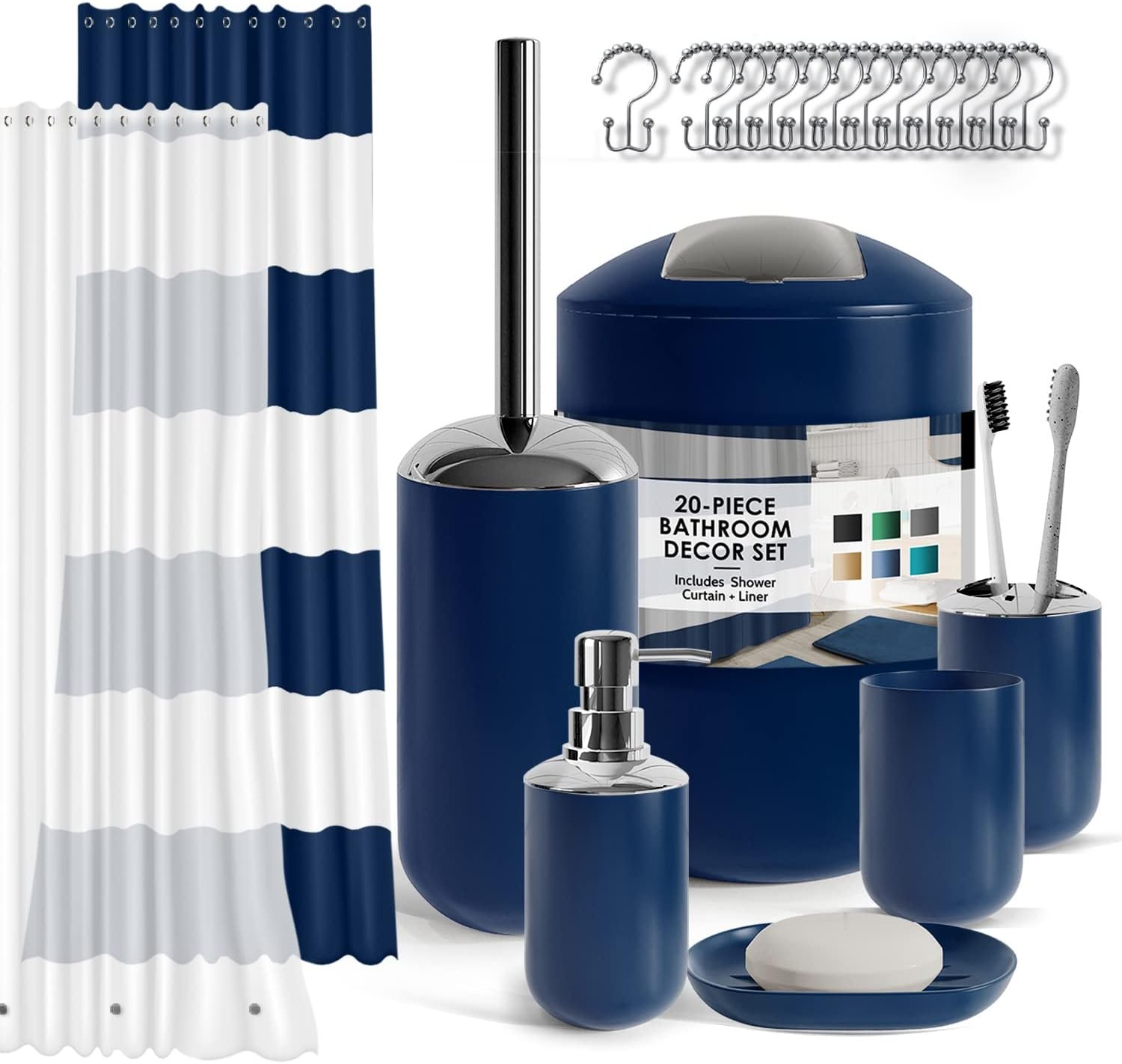 Clara Clark Bathroom Set – Navy Bathroom Accessories Set, 20PC Bathroom Accessory Set, Shower Curtain Set with Liner, Toothbrush Holder, Soap Dispenser, Soap Dish, Toilet Brush Holder, and Trash Can