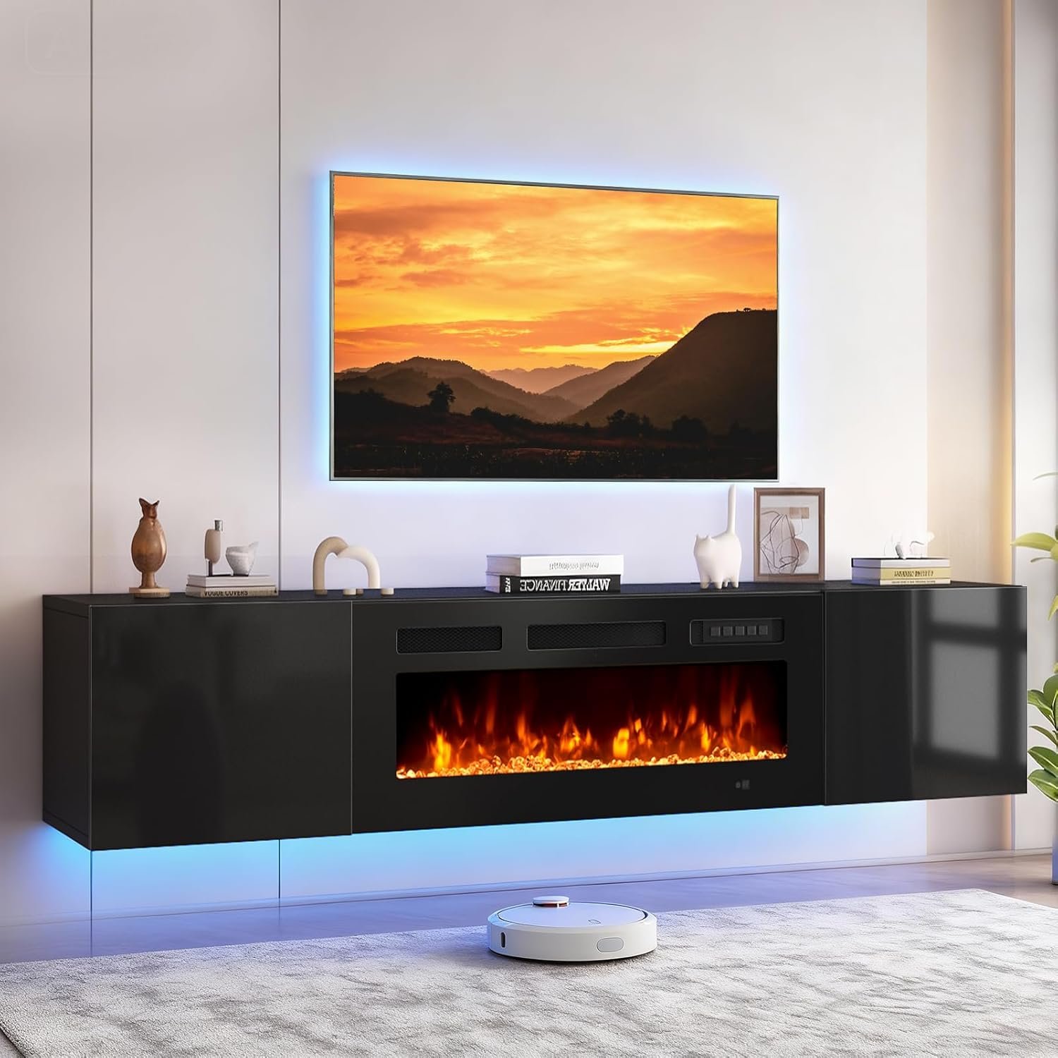 70” Floating TV Stand with 36″ Electric Fireplace, Wall Mounted Entertainment Center with Storage for TVs up to 80″, Adjustable 12-Color LED Media TV Console for Living Room,All Black