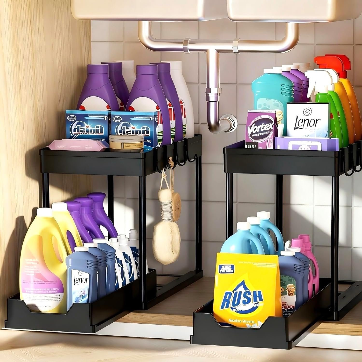 Under Sink Organizers 2 Pack, Pull-Out Sliding Cabinet Organizer with 2-Tier Storage Shelf & 4 Hooks, Multi-Purpose for Kitchen & Bathroom (13 Inch, Black)