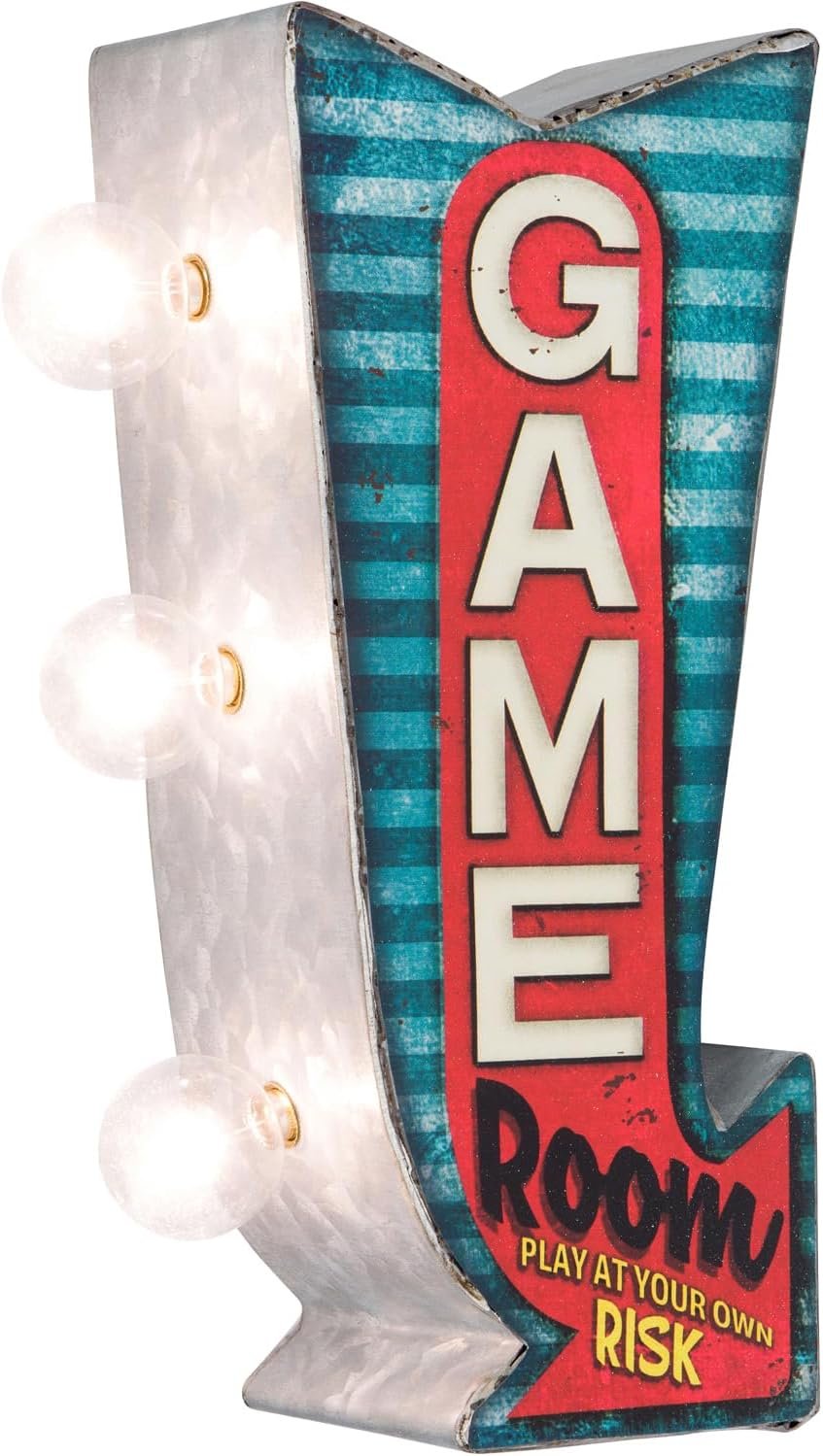 Game Room Double-Sided Marquee Sign With LED Bulbs Vintage Inspired Retro Wall Decor For The Man Cave, Game Room, Arcade, Or Home Bar (12″ x 5″ x 3.5″)