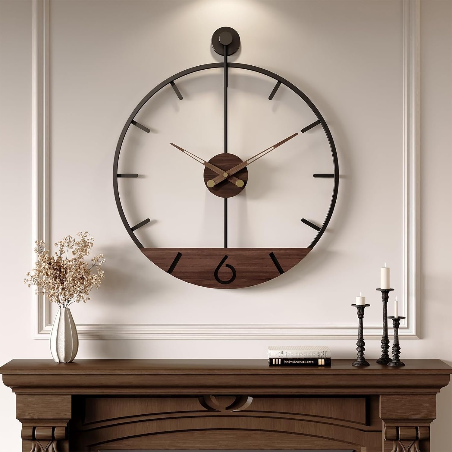 Large Wall Clock 30 Inch, Modern Farmhouse Wall Clock Battery Operated for Living Room Decor, Walnut Wood Dial with Black Metal Frame, Silent Non Ticking Wall Clock for Kitchen, Office, Bedroom
