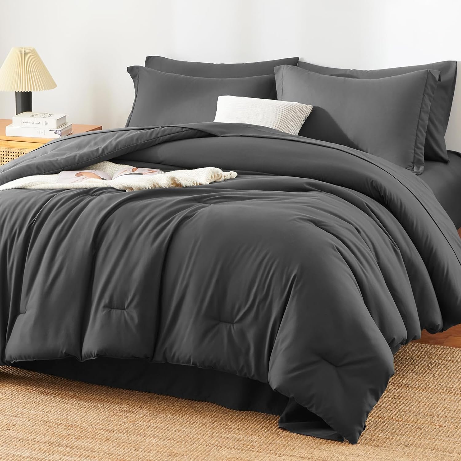 Queen Comforter Set – 7 Pieces Bed in a Bag Queen Size, Luxury Comforter Set with Sheets for All Season, Bed Set with Comforter, Flat Sheet, Fitted Sheet, Pillowcases & Shams, Dark Grey
